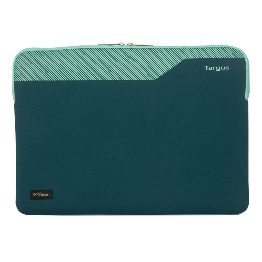 Custodia per laptop Targus verde acqua e blu con cerniera e logo 'eco/smart'.