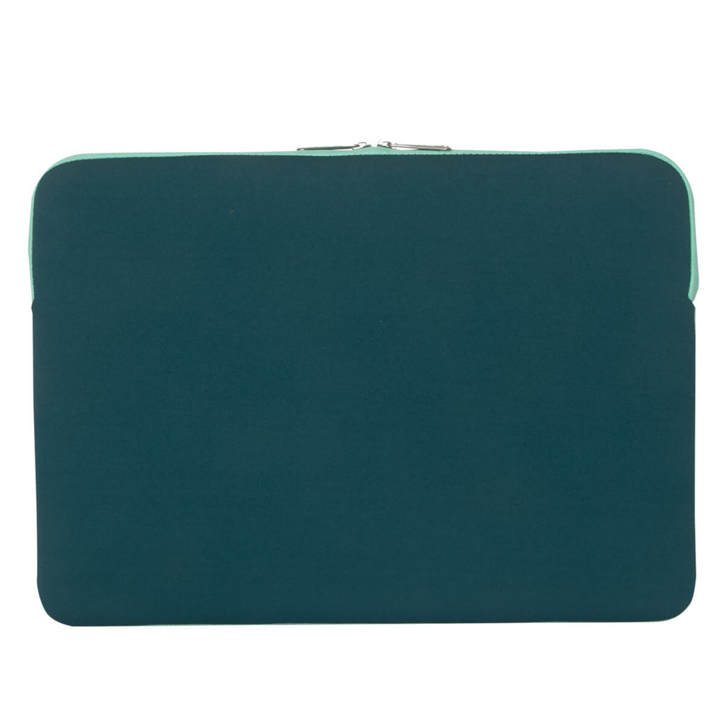 Custodia per laptop verde acqua con rifiniture verde menta e cerniera argentata. Trama semplice.