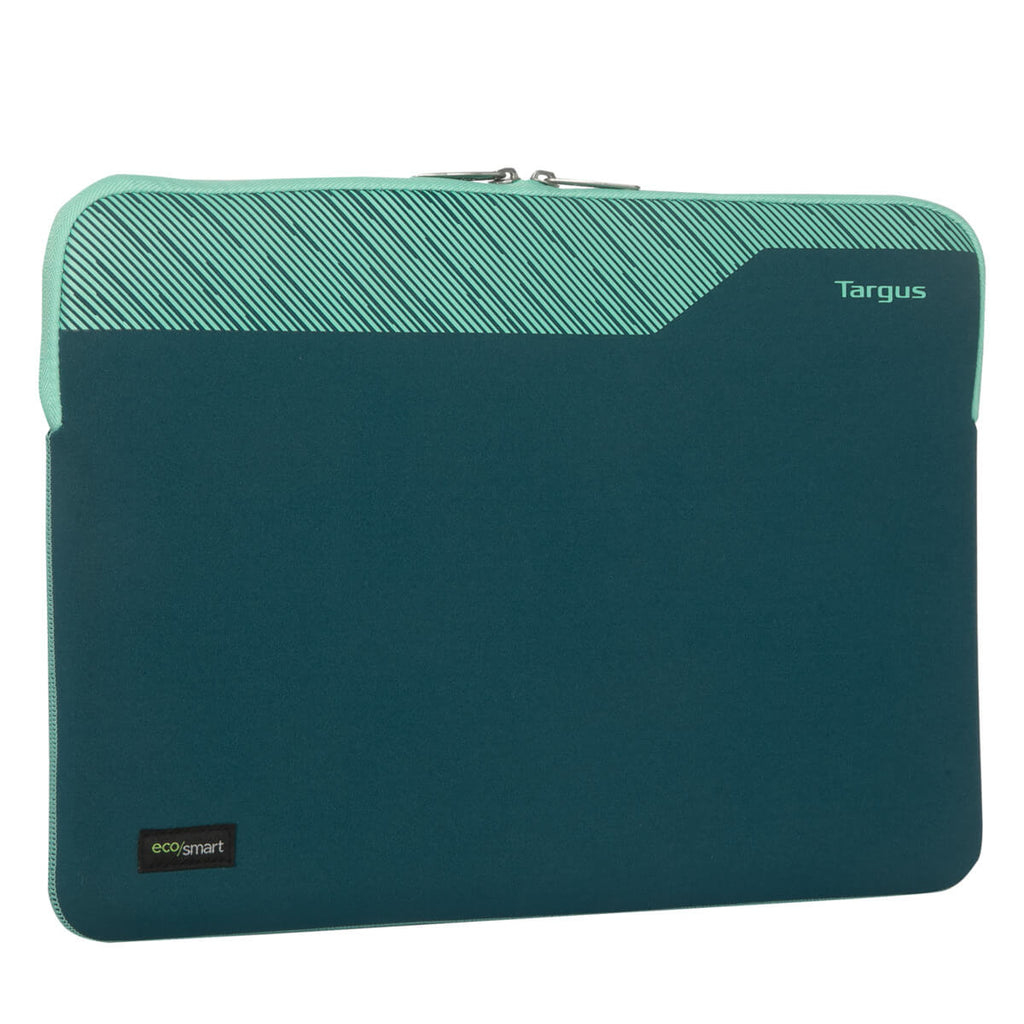 Custodia per laptop verde acqua e verde con cerniera. La parte superiore ha linee orizzontali.