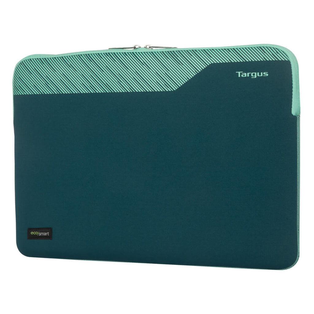 Custodia per laptop verde acqua con una sezione a righe verde acqua e nere.