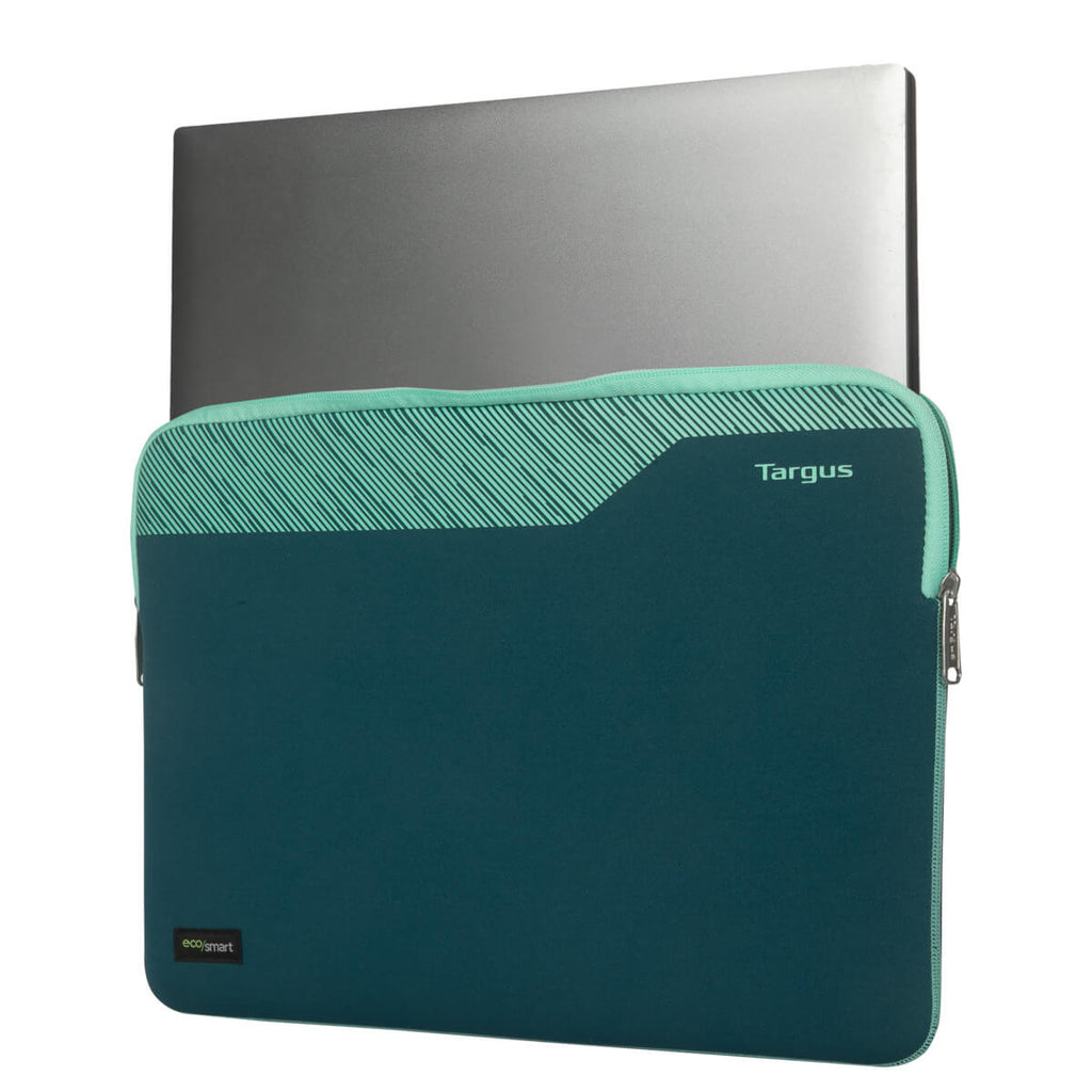 Custodia per laptop verde acqua e grigia. Un laptop argentato all'interno. Logo Targus visibile.