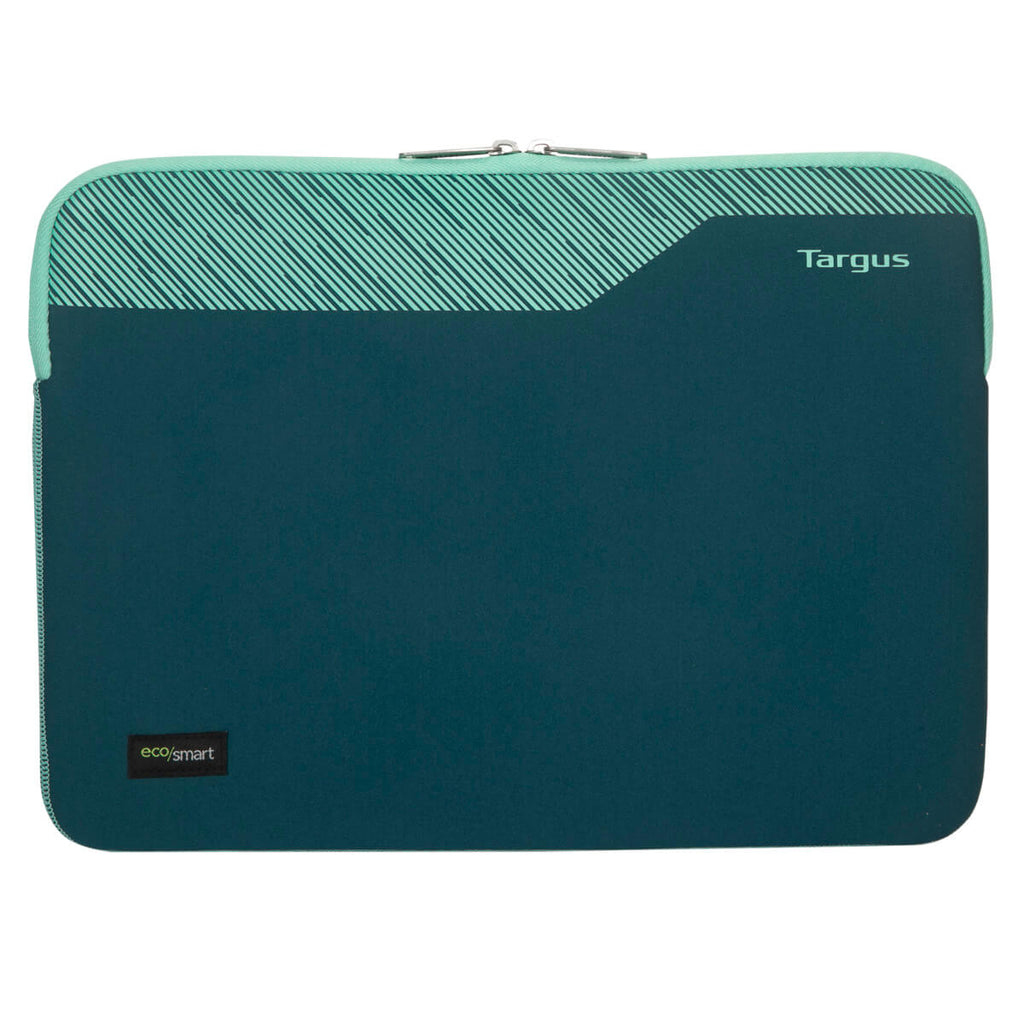 Custodia per laptop verde acqua e verde con chiusura a zip. Testo 'Targus' bianco nell'angolo in alto a destra.