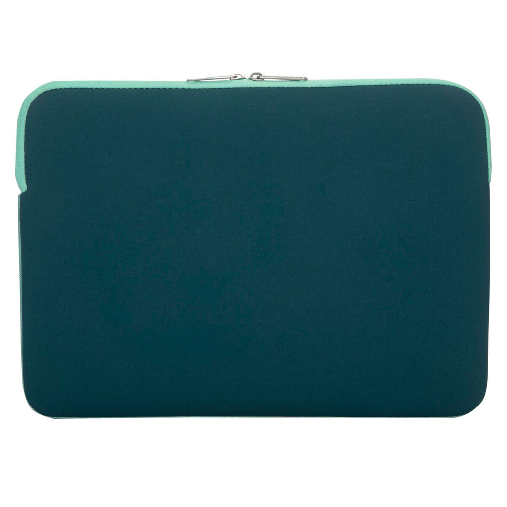 Una custodia per laptop verde acqua con rifiniture verde menta e cerniera argentata.