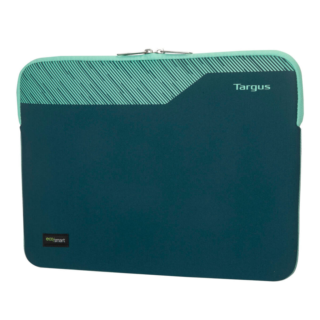 Custodia per laptop verde acqua e grigia. Il logo Targus è visibile sulla parte anteriore.