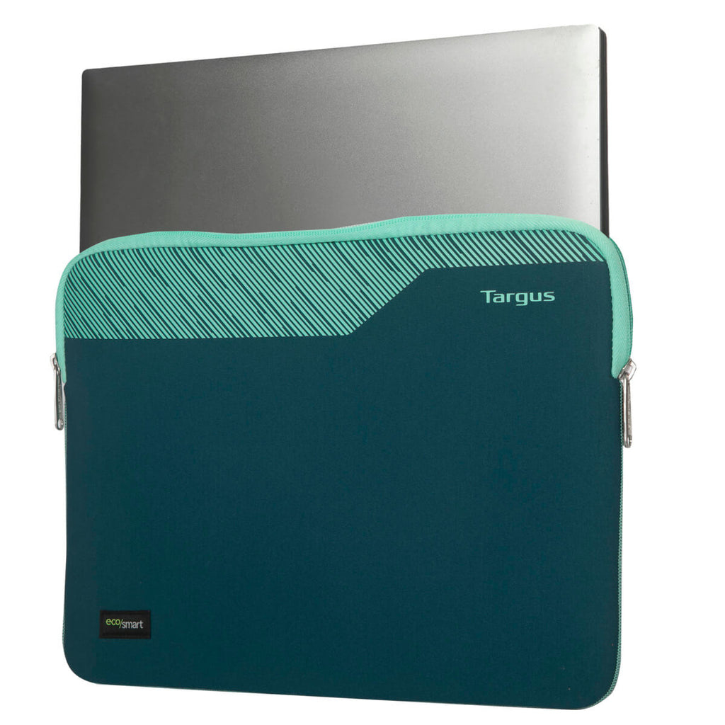 Laptop in una custodia verde acqua e verde acqua scuro. La custodia ha una cerniera e il marchio Targus è visibile.