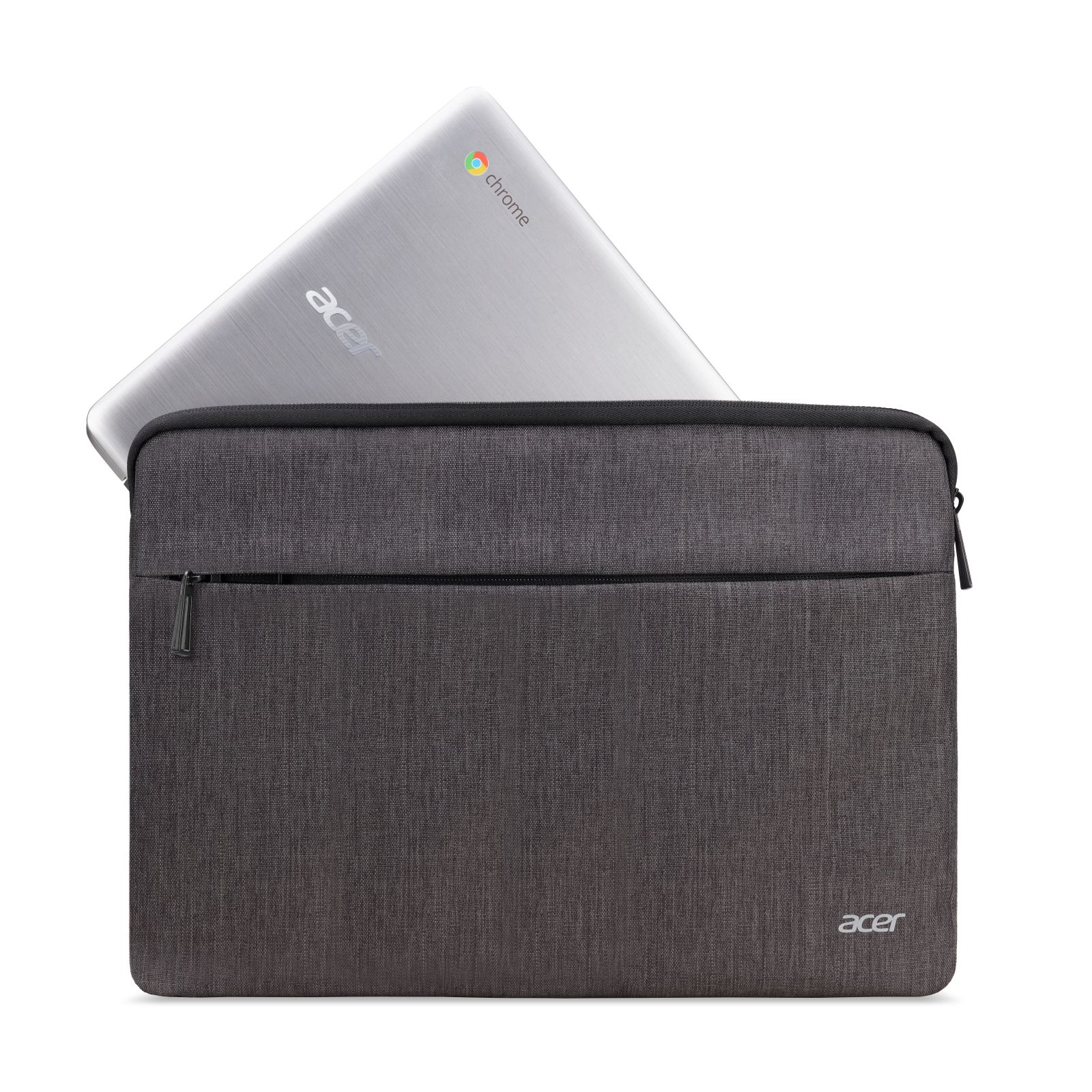 Custodia per laptop grigia con un laptop Acer cromato all'interno. Sfondo bianco.
