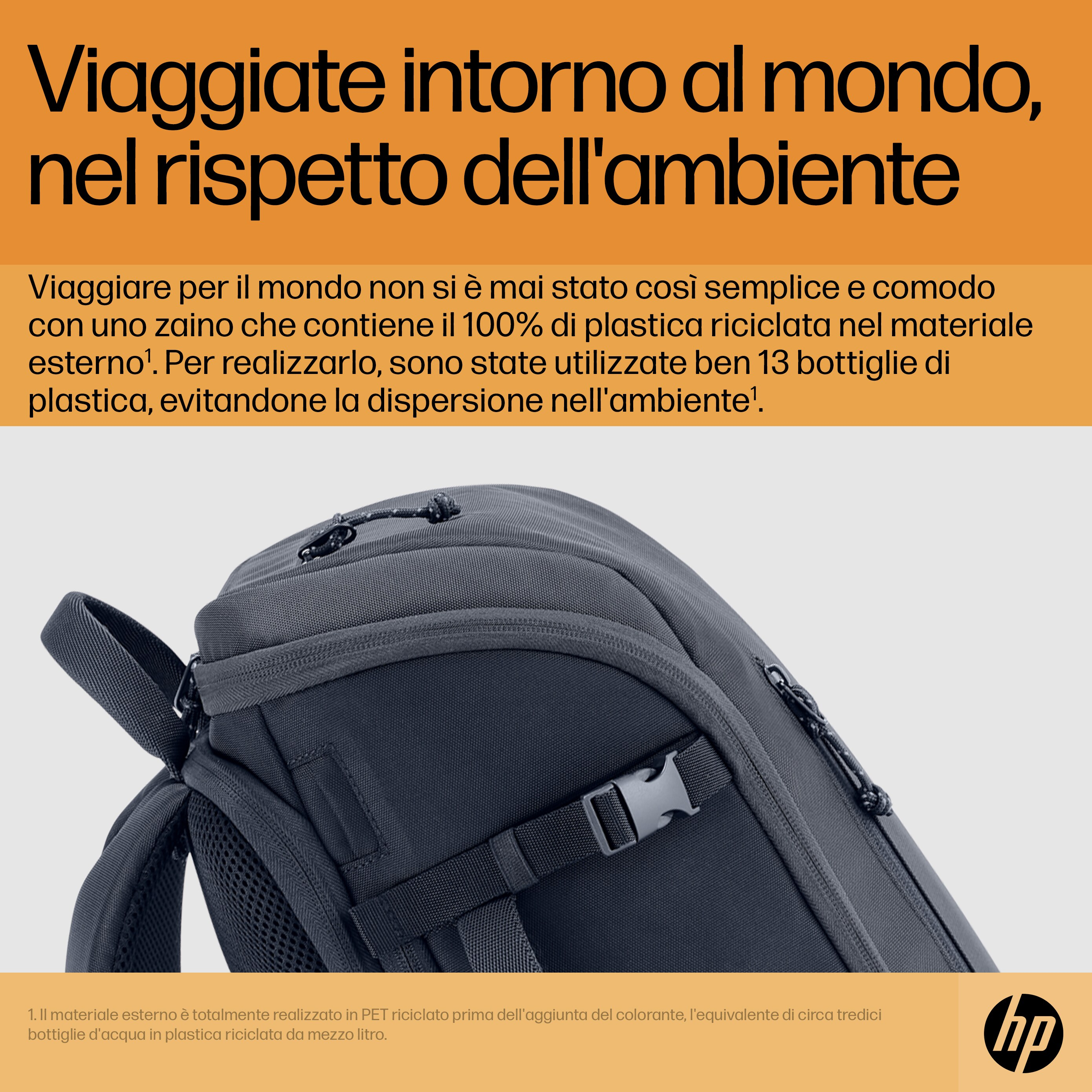Geri dönüştürülmüş plastik ve bir HP logosu hakkında metin içeren bir çantanın yakın çekimi.