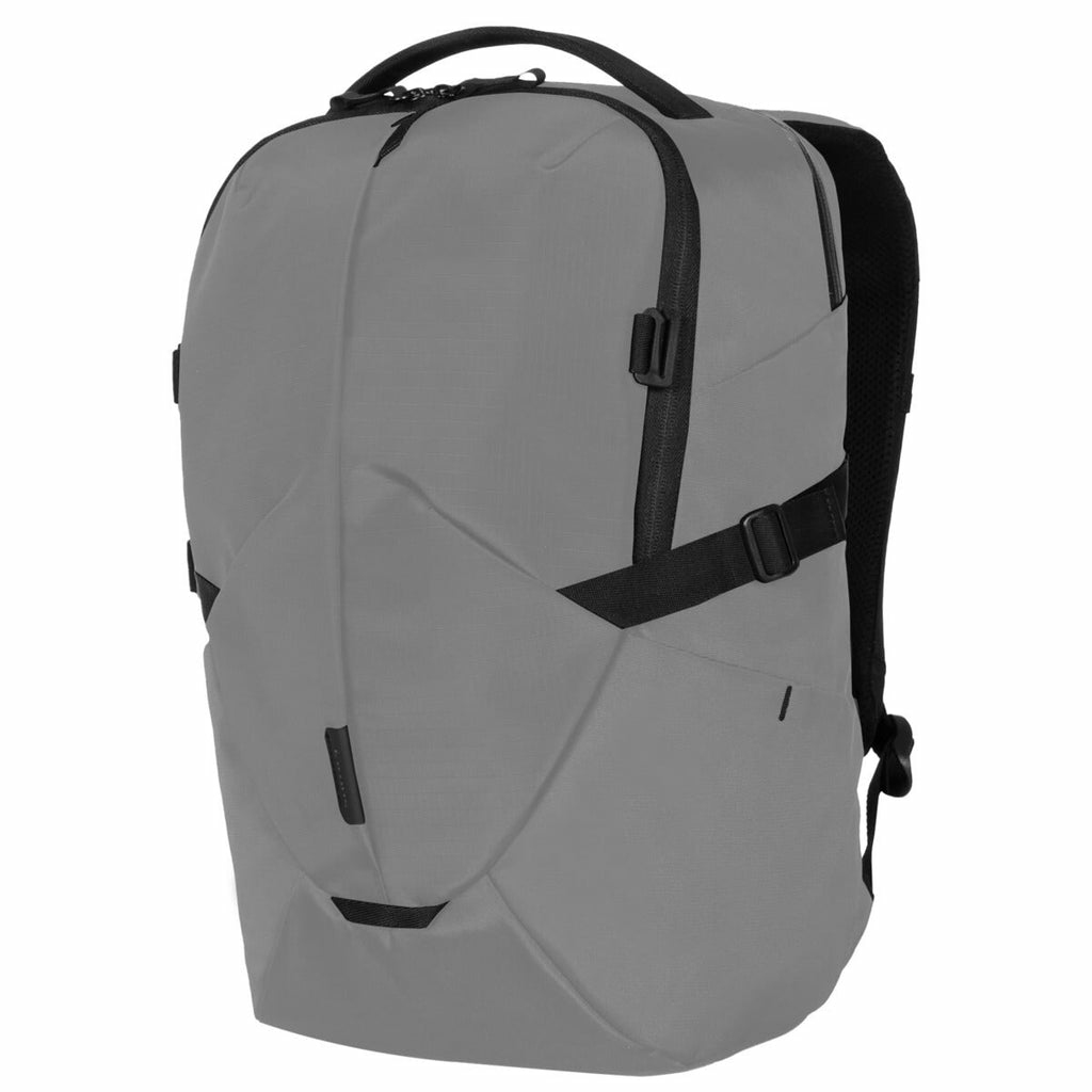 Uno zaino grigio dal design elegante. Sono visibili dettagli e cinghie nere.