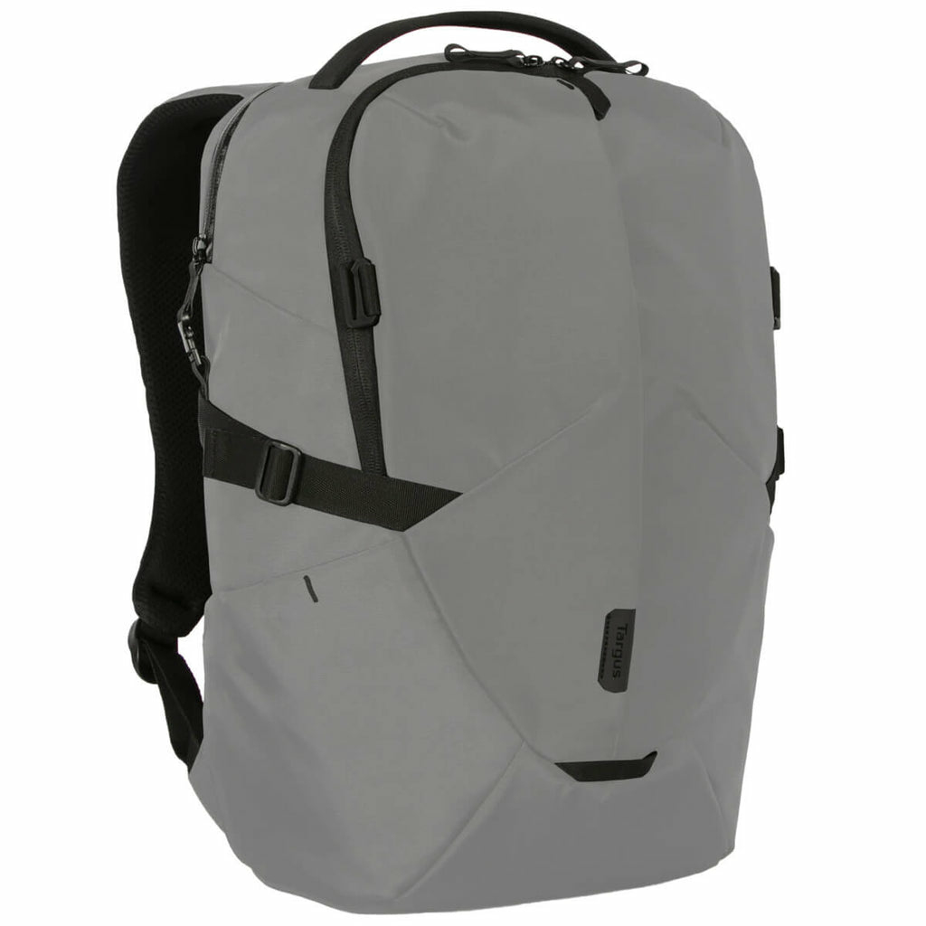 Zaino grigio con dettagli neri. Lo zaino ha più tasche e cinghie. Il marchio Targus è visibile.