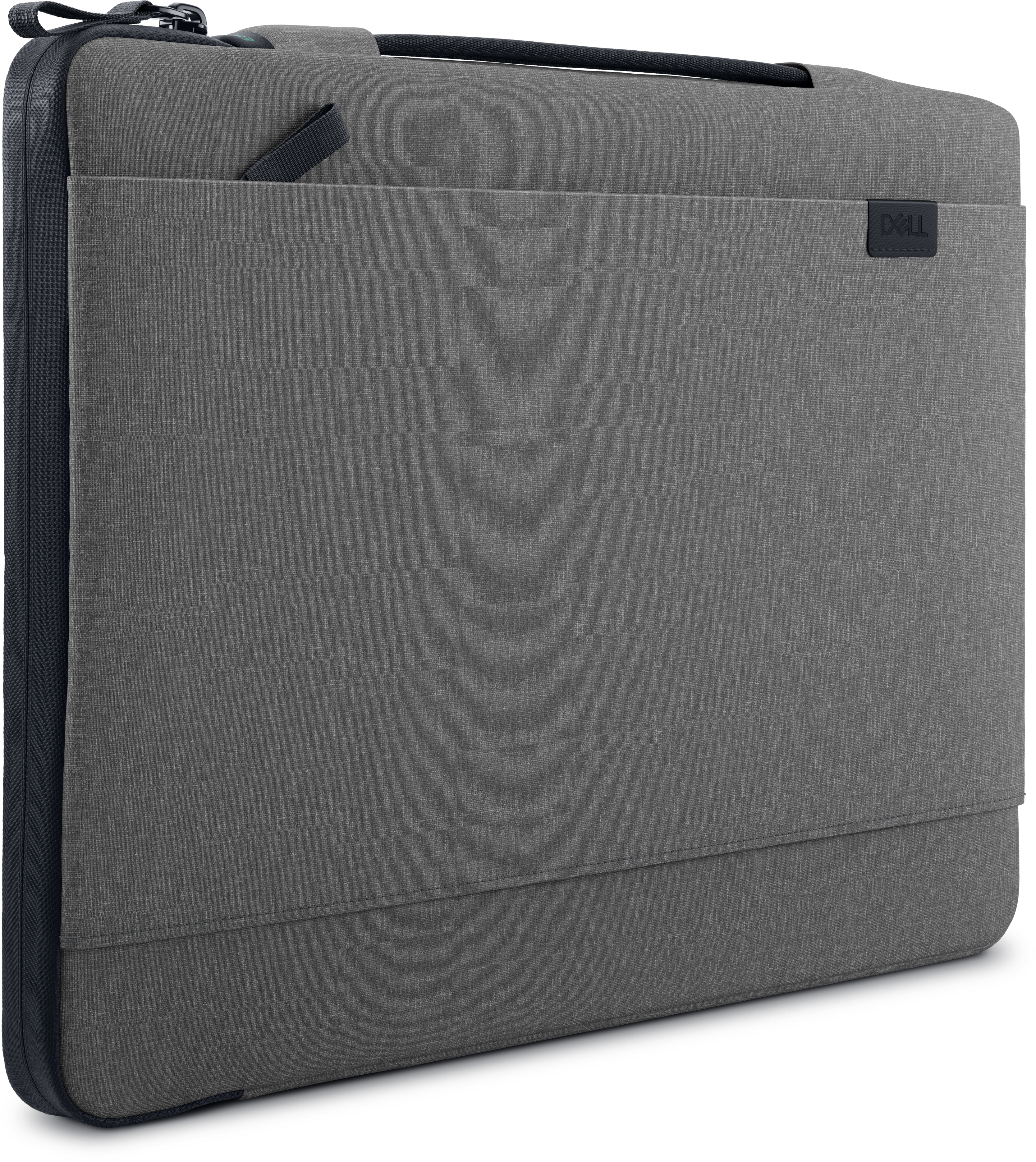 Custodia grigia per laptop. Tessuto grigio scuro, tasca frontale e una cerniera nera.