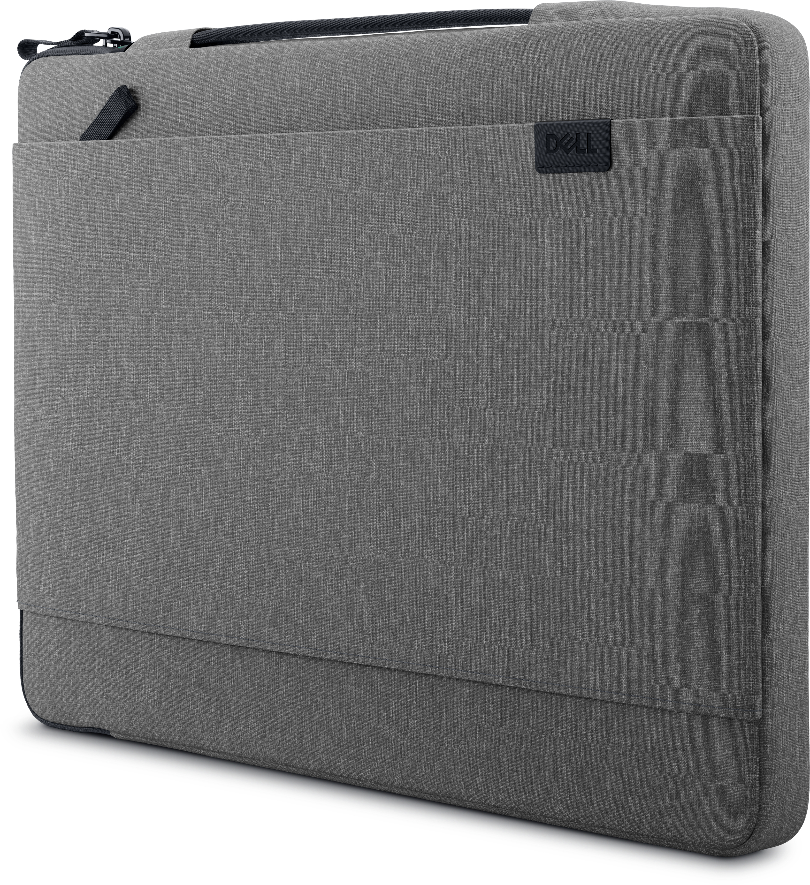 Custodia grigia per laptop con tasca frontale. Logo Dell nero. Vista angolata.