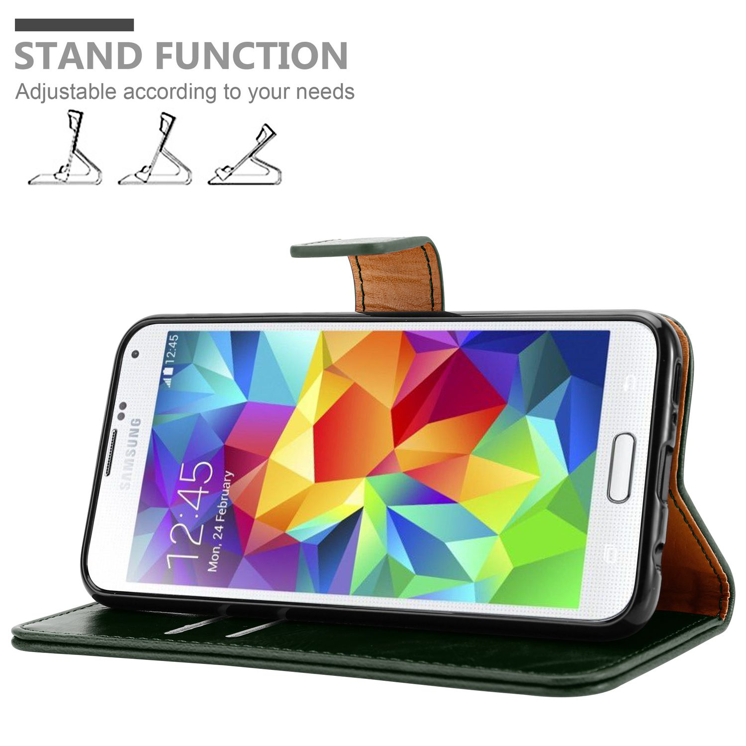 Funda de teléfono abierta con teléfono dentro, sobre fondo blanco, con función soporte.