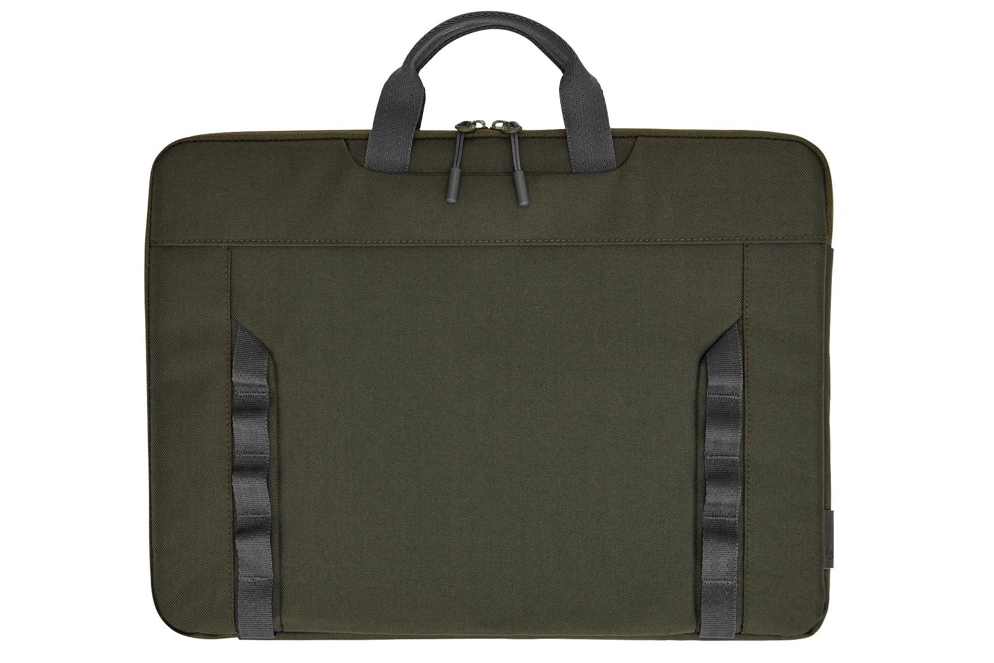 Borsa verde per laptop. Tessuto verde scuro, due manici e cinghie grigie sui lati.