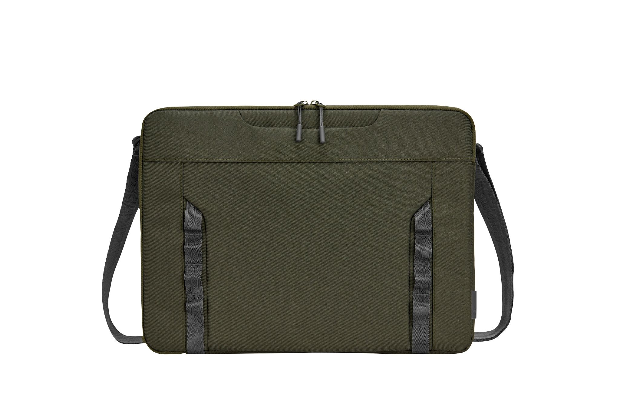 Borsa a tracolla verde oliva con tracolla e due cerniere sulla parte superiore.