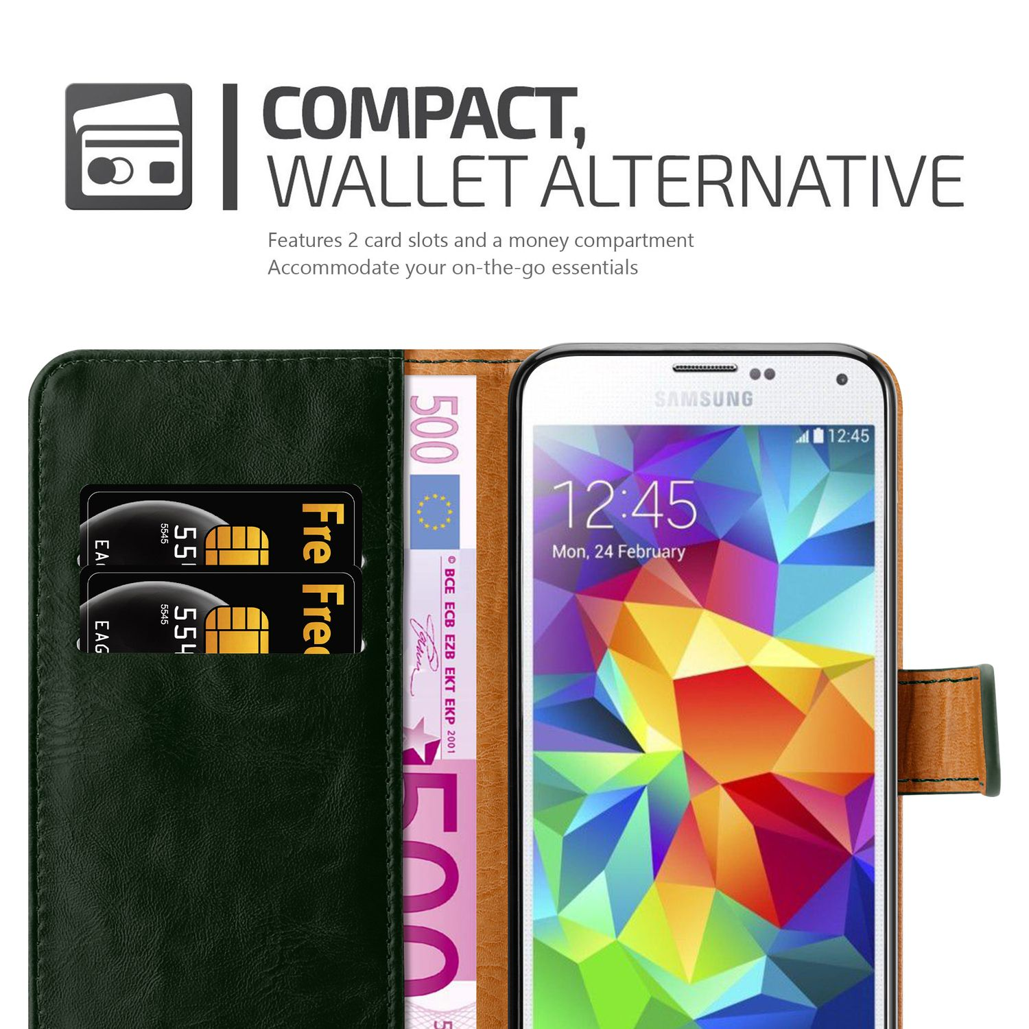 Cartera verde oscuro con tarjetas, dinero y teléfono con hora.