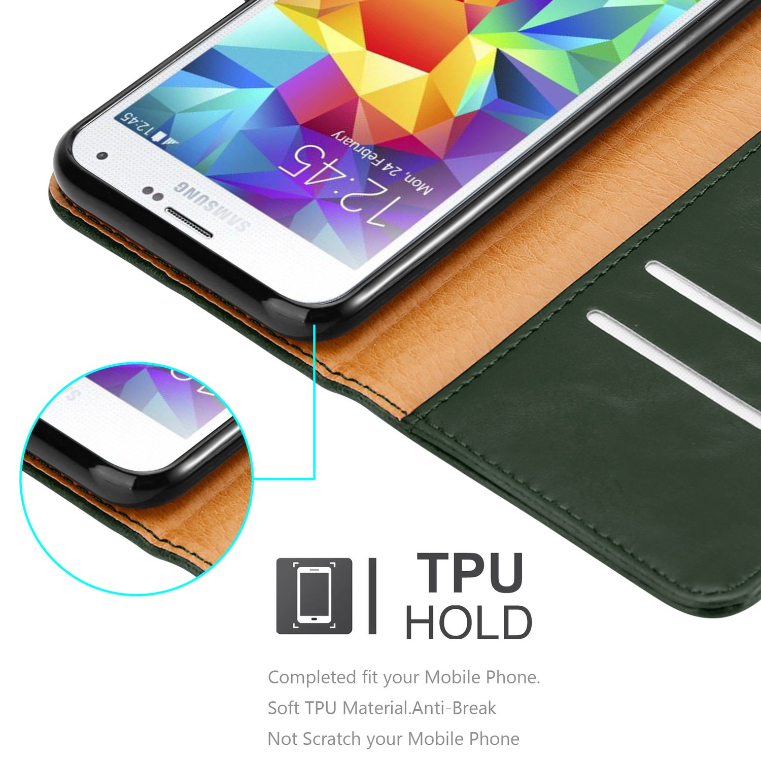 Un smartphone negro en una funda de cuero verde, con una descripción TPU HOLD.
