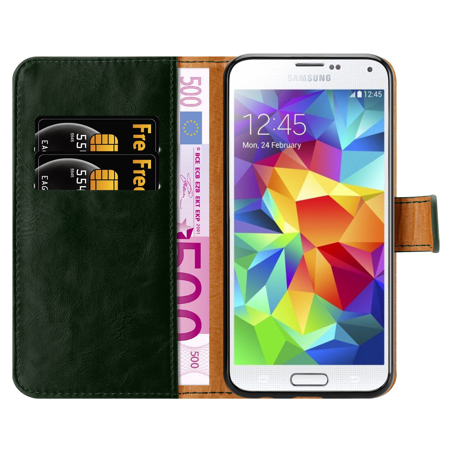 Cartera con tarjetas y billete de 500 euros. Un teléfono Samsung muestra la hora 12:45.