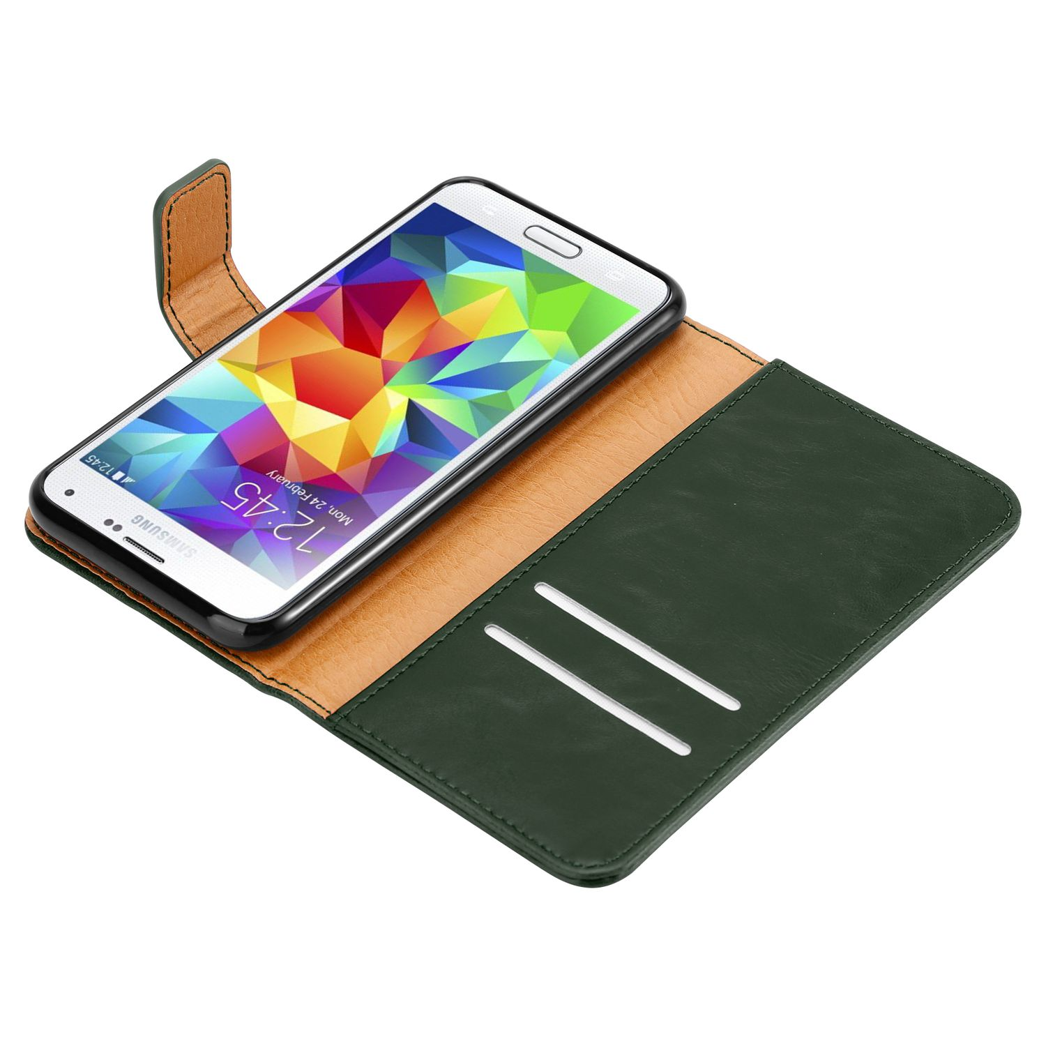 Funda de teléfono de cuero verde abierta con un teléfono dentro. La pantalla del teléfono es visible.