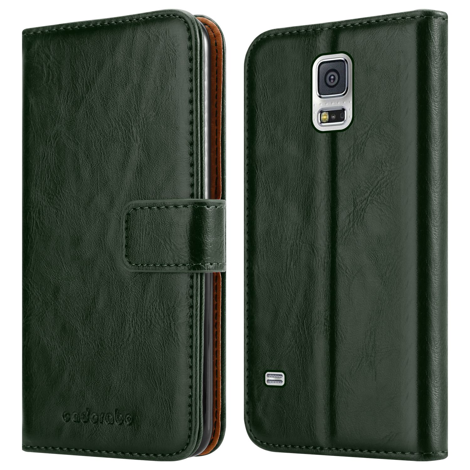 Dos fundas de teléfono de cuero verde oscuro, una abierta y otra cerrada, mostrando el exterior.