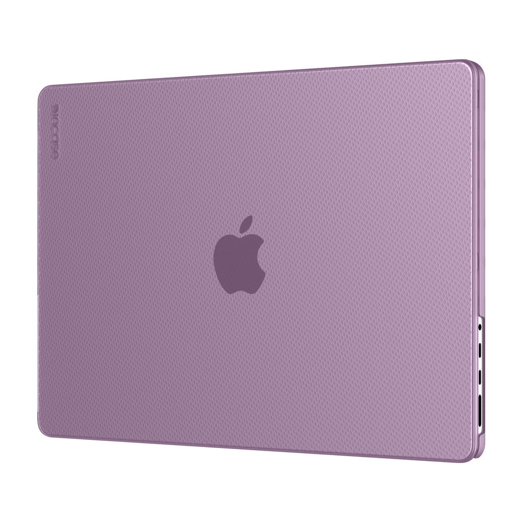 Una custodia viola per laptop con il logo Apple, con il nome del marchio.