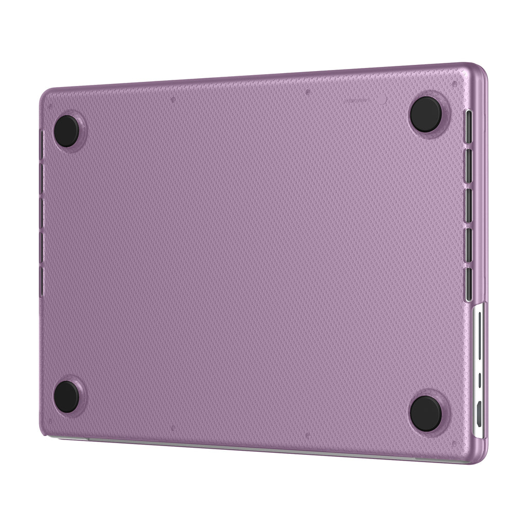 Custodia per laptop viola con piedini e porte neri. Sfondo bianco.