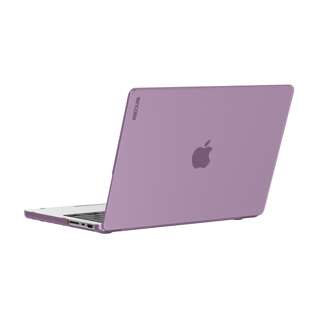 Laptop viola con logo Apple. Vista posteriore del laptop, custodia visibile.
