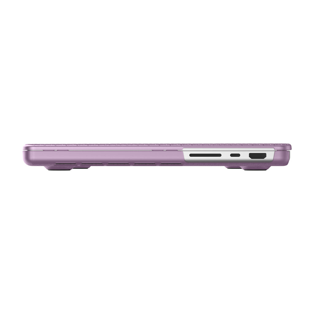 Custodia per laptop viola, vista laterale, con porte visibili. Sfondo bianco.