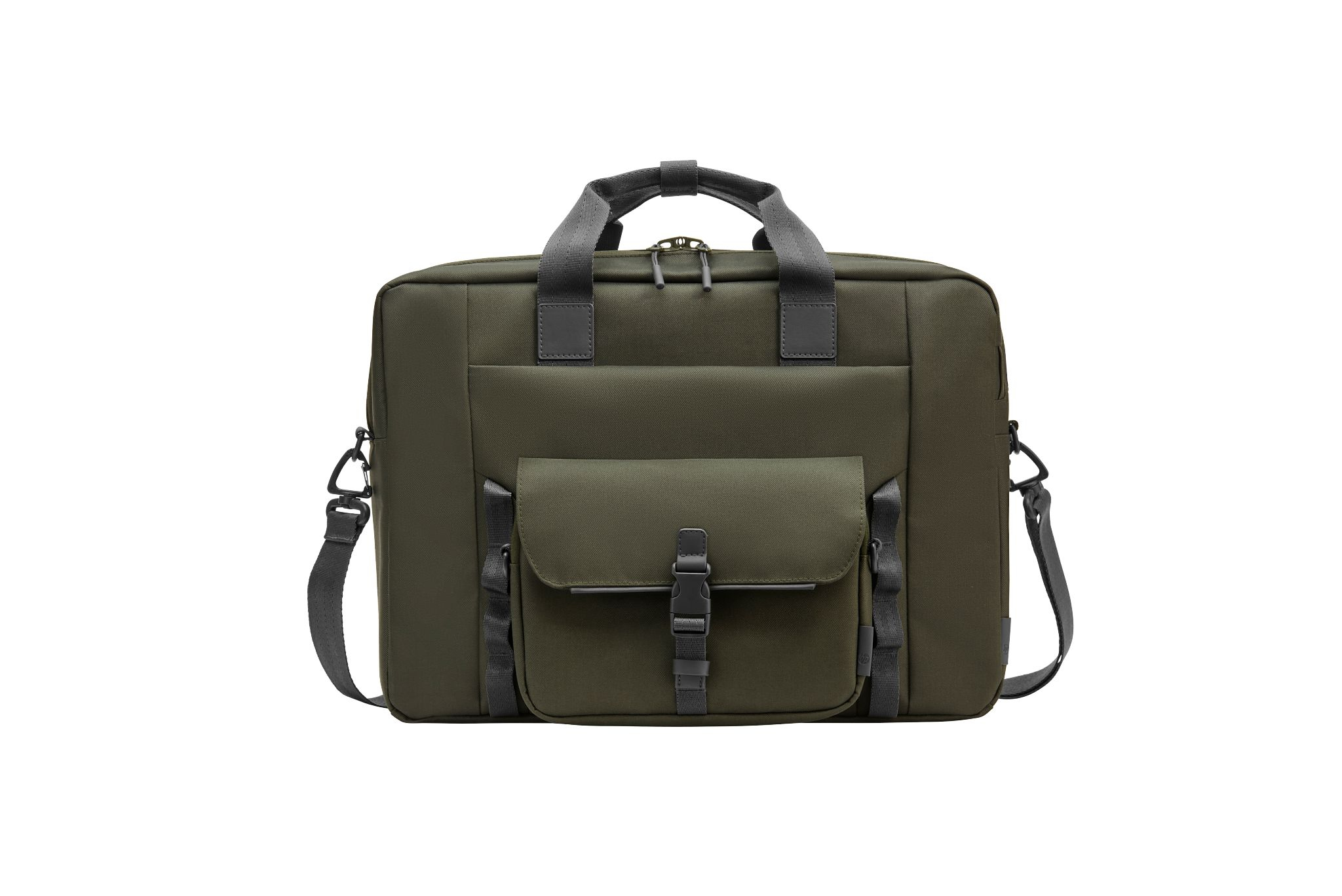 Una borsa per laptop verde oliva con più tasche e una tracolla.
