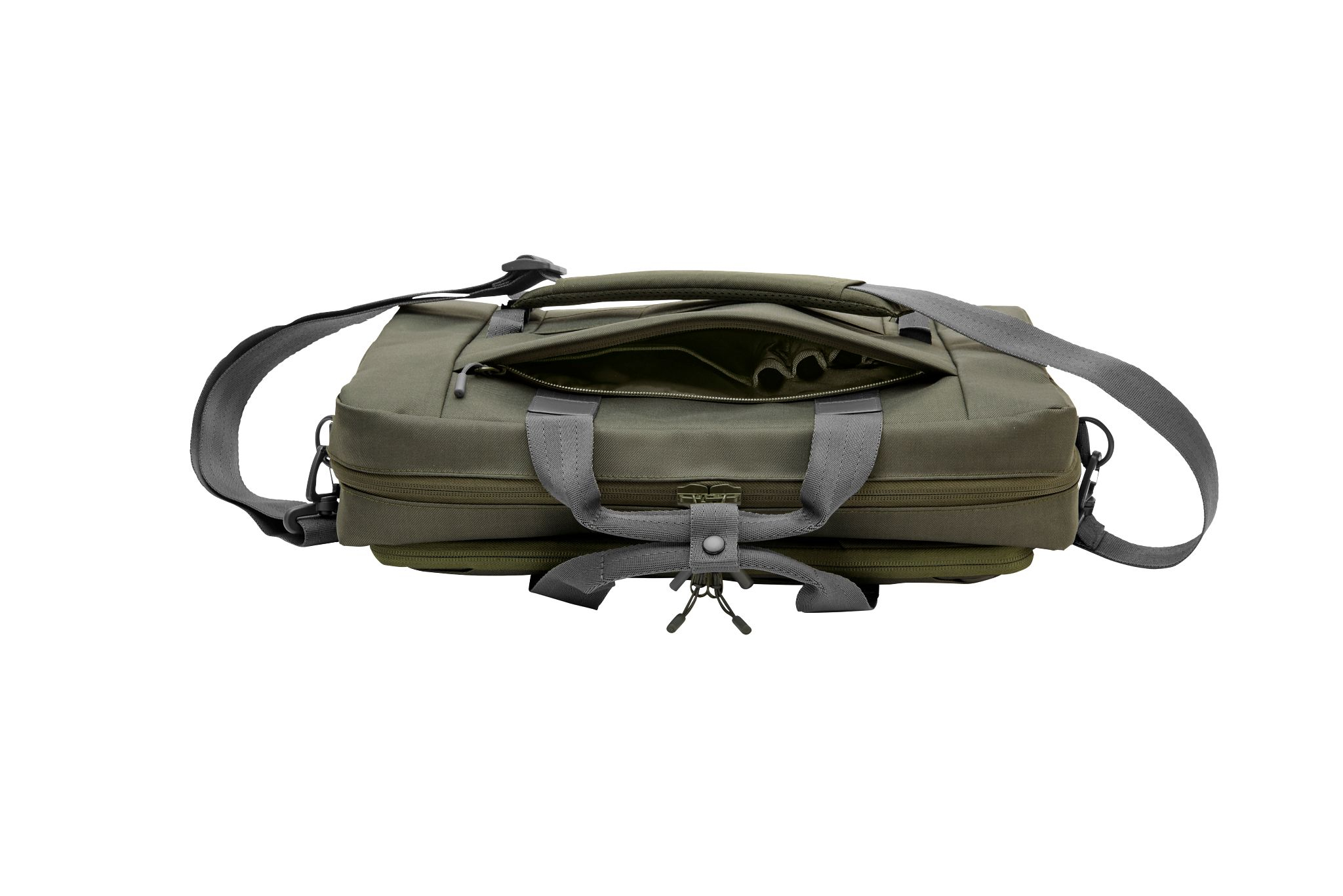 Borsa per laptop verde con manico e tracolla, aperta. Sfondo bianco.