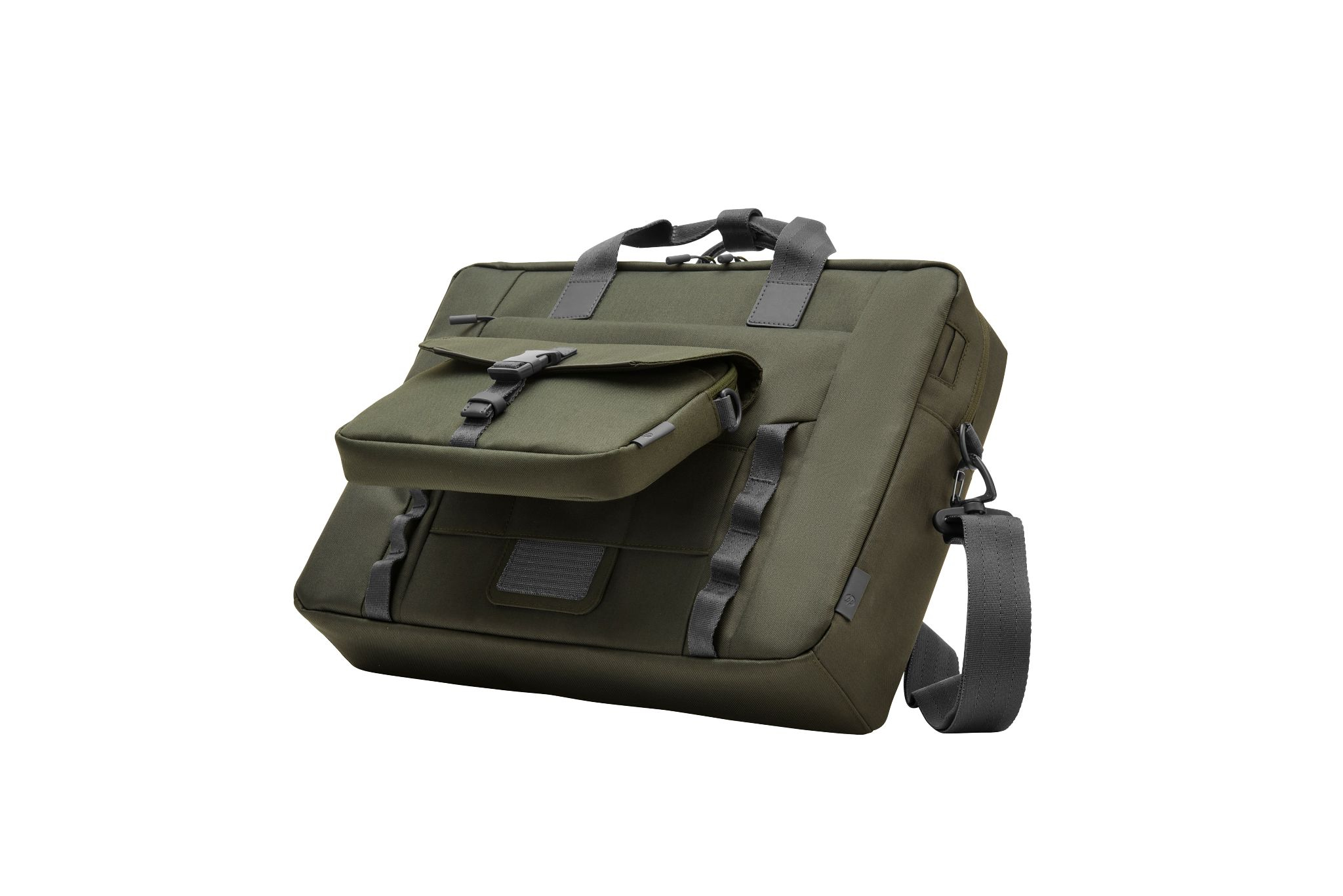 Borsa verde per laptop con scomparti multipli, una tasca a patta e una tracolla.
