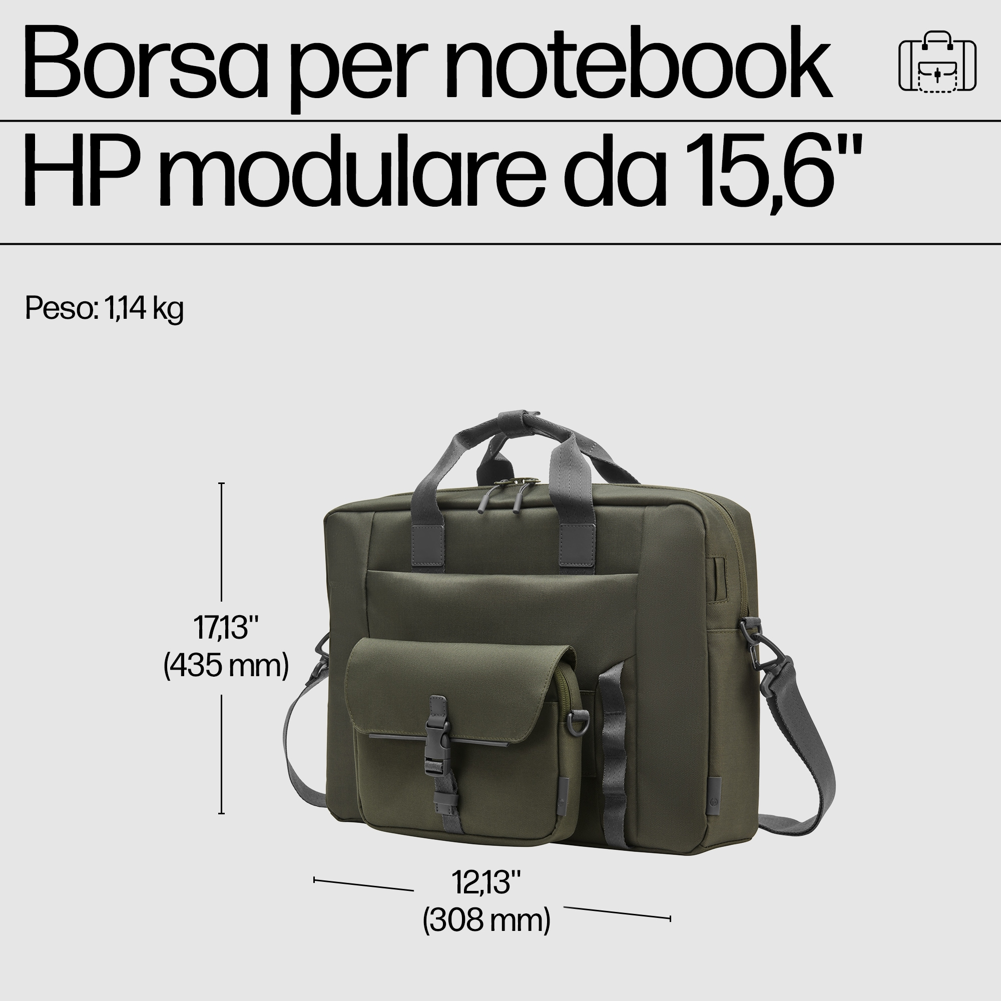 Borsa per laptop verde con patta, dimensioni etichettate sul lato sinistro, su sfondo chiaro.