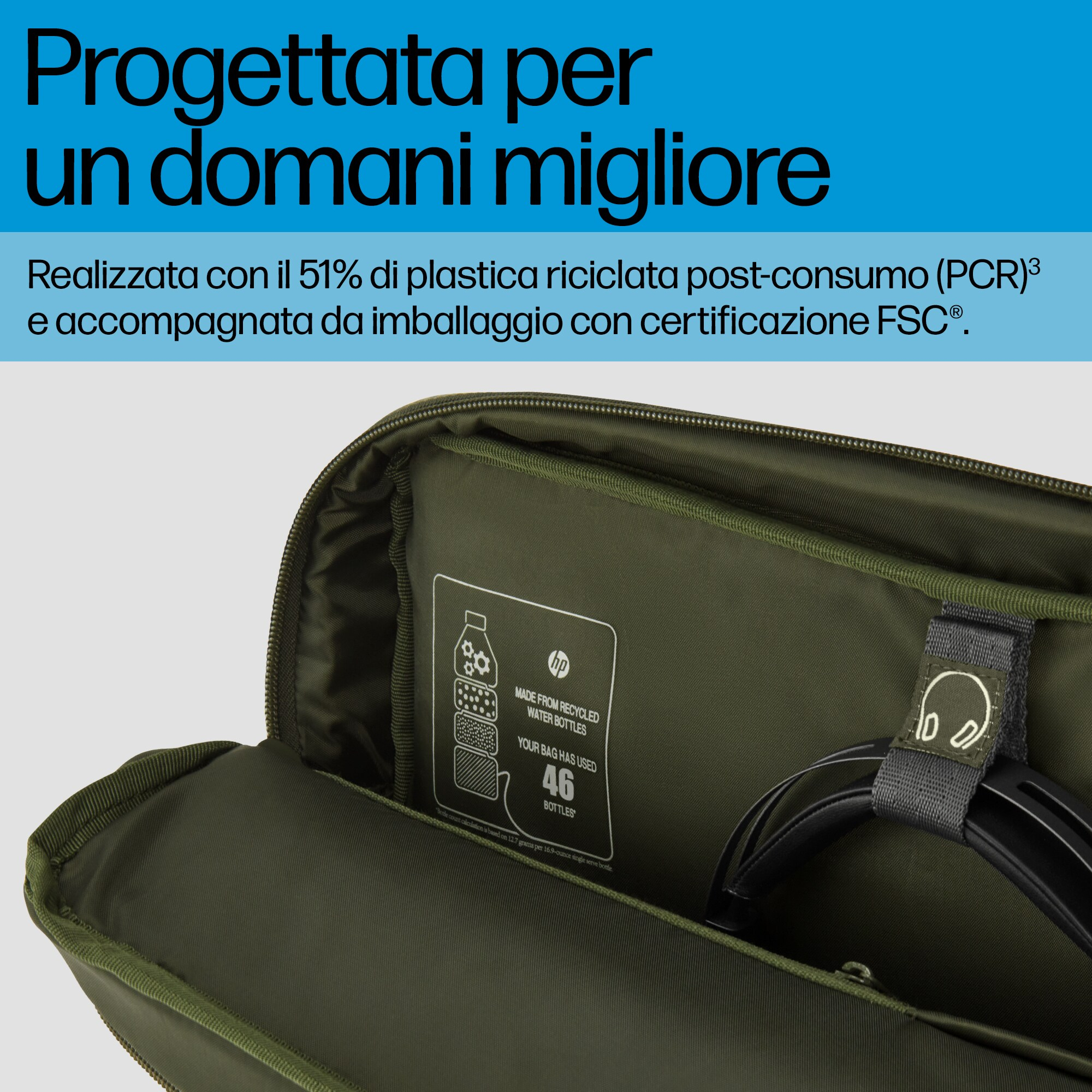 All'interno di una borsa verde, un'auricolare riposa. Testo: realizzato con bottiglie d'acqua riciclate e 46 bottiglie usate.