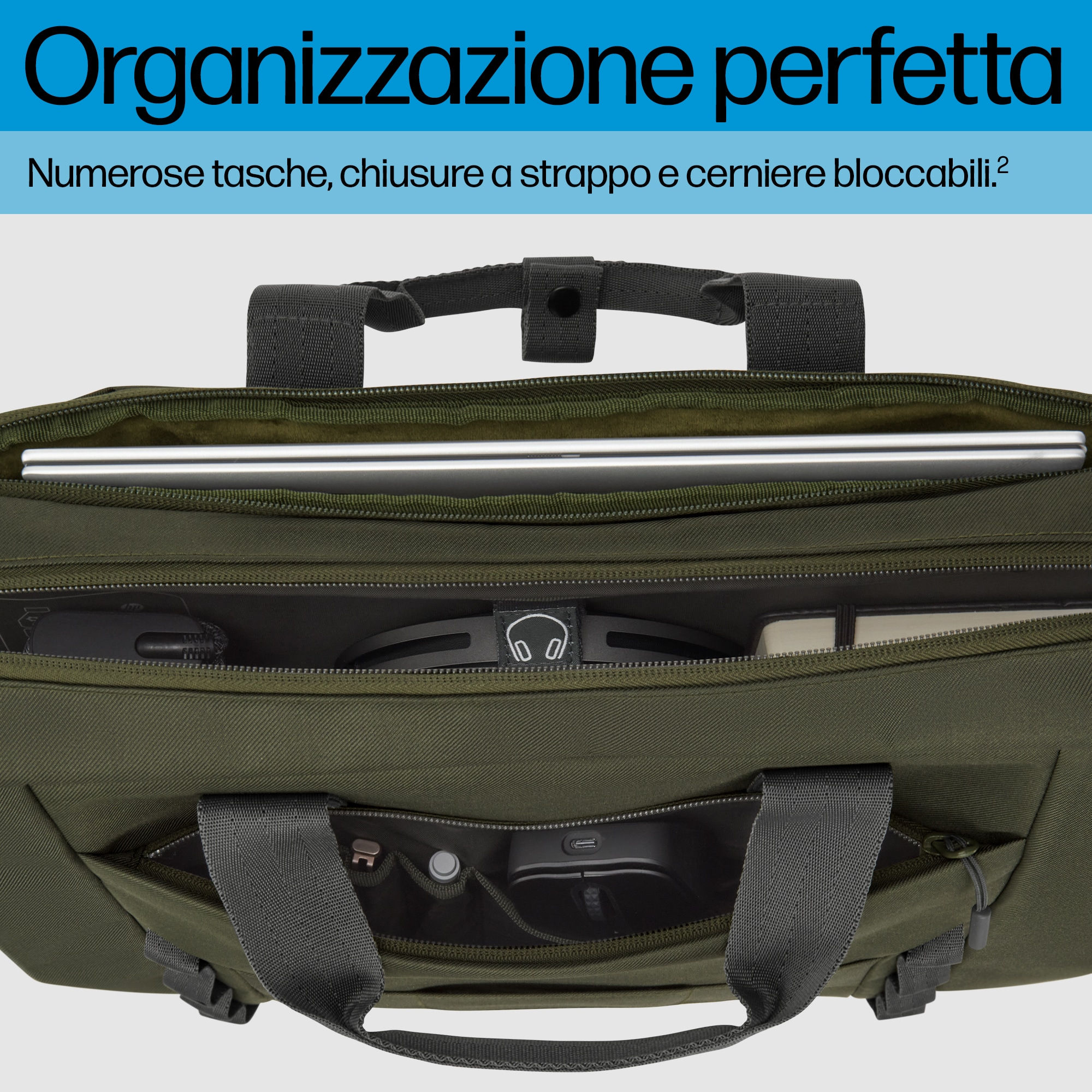 Borsa per laptop verde aperta che mostra laptop, cuffie, mouse e altri oggetti. Organizzazione perfetta.