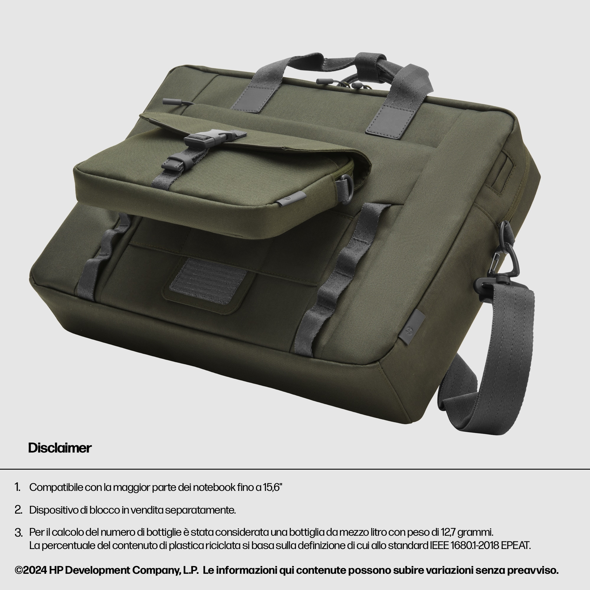 Borsa verde per laptop con tasca frontale e tracolla.