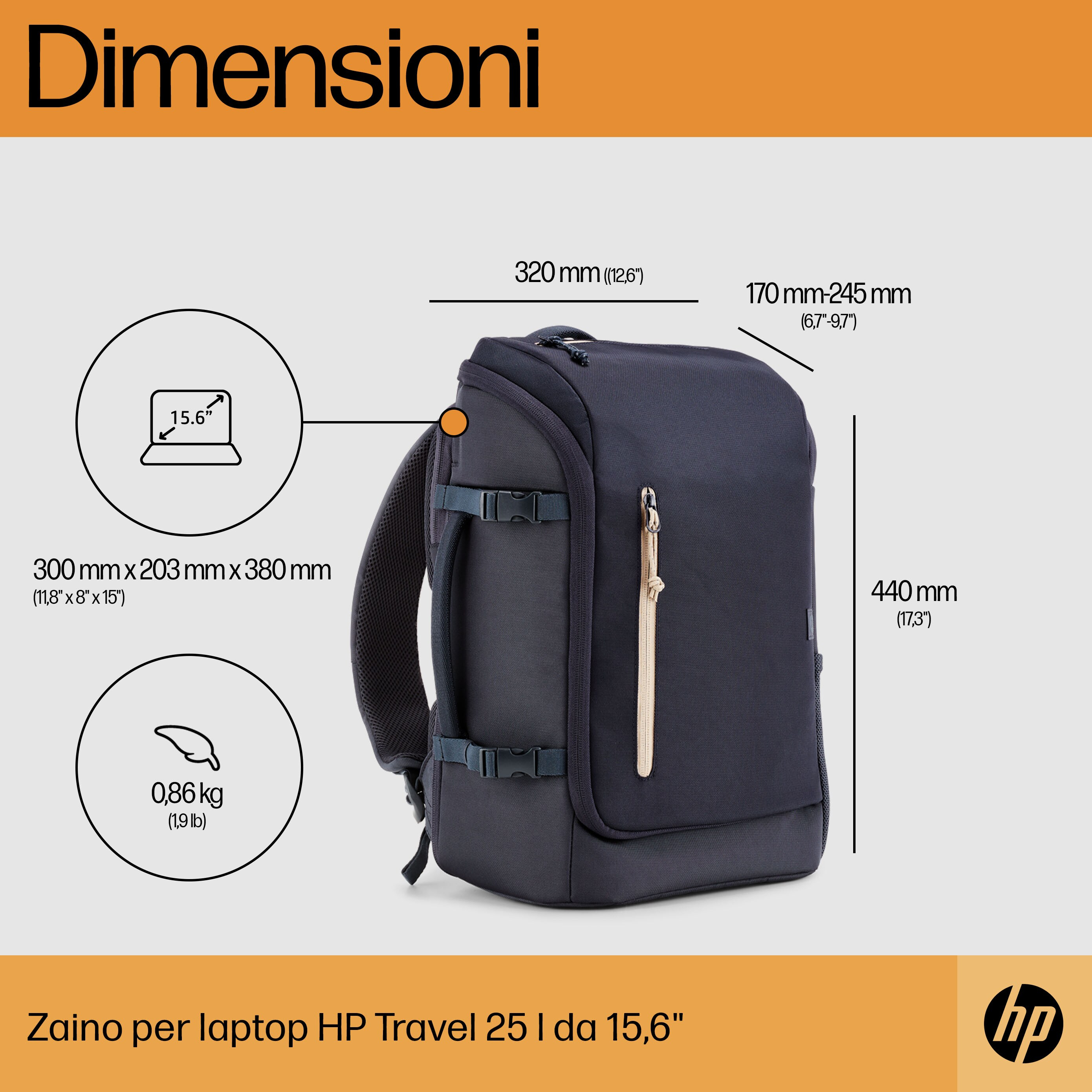 Zaino nero con dimensioni e dettagli peso. Sfondo bianco.