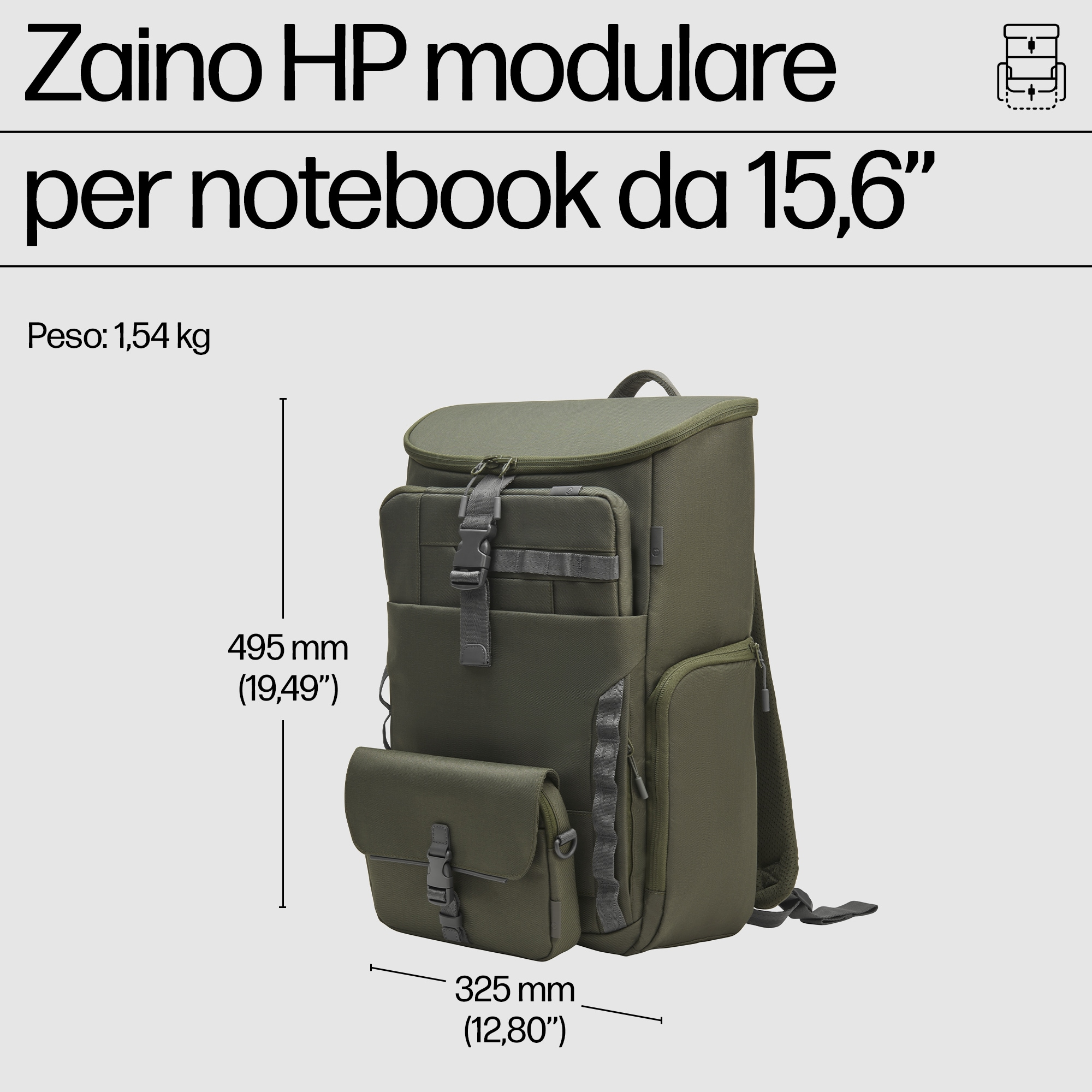 Uno zaino modulare HP verde oliva con dimensioni visualizzate su sfondo grigio chiaro. È uno zaino.