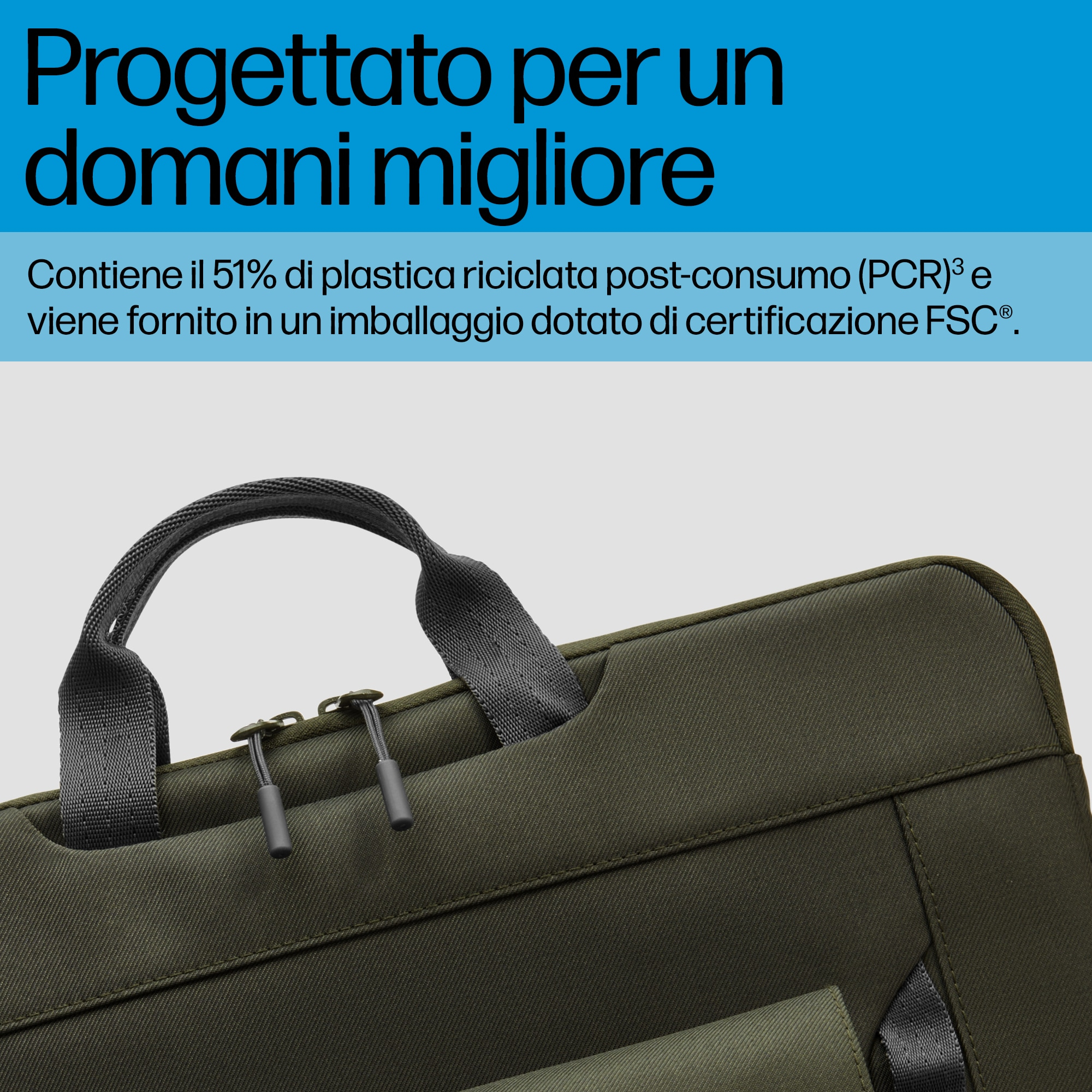 Una borsa per laptop verde oliva con cerniere nere. La borsa è parzialmente aperta.