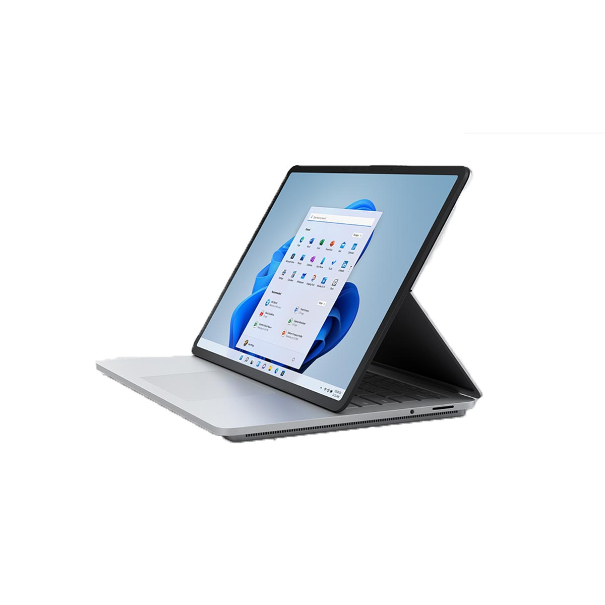 Laptop otwarty pod kątem, pokazujący interfejs Windows 11 na jasnoszarej powierzchni, białe tło.