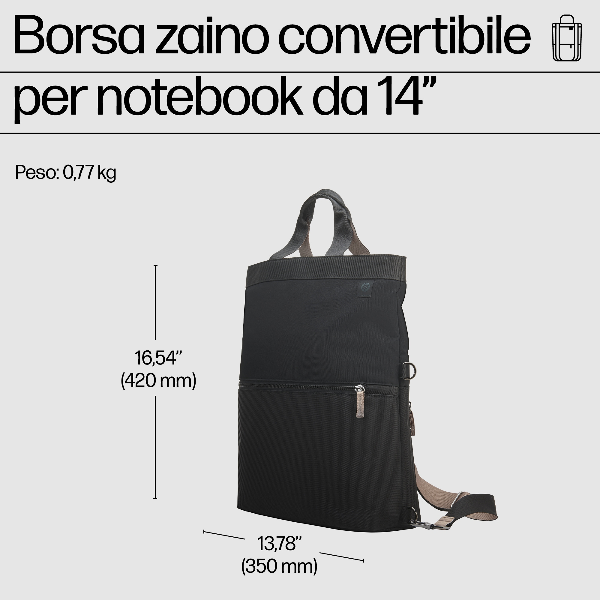 Borsa per laptop convertibile nera con dimensioni e testo.