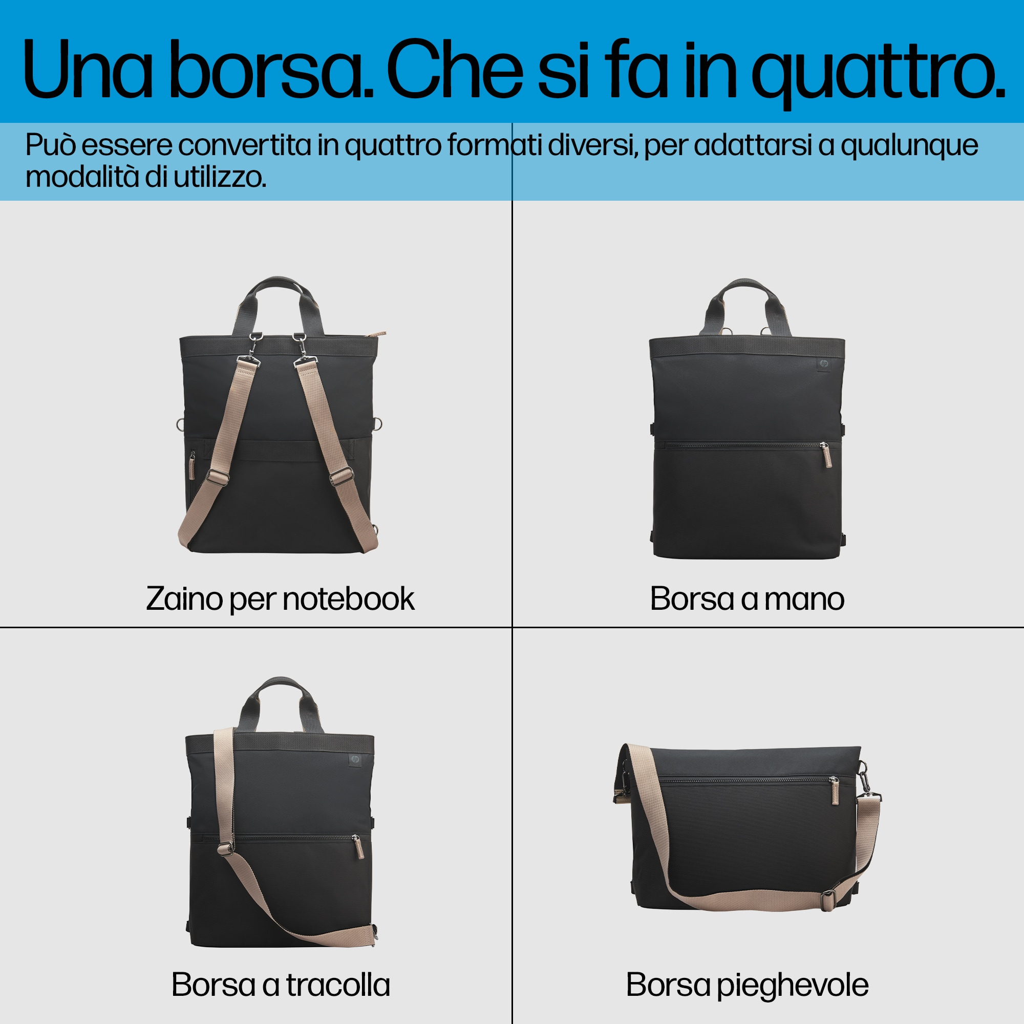 Quattro diversi stili di borsa: zaino, borsa a mano, borsa a tracolla e borsa pieghevole su sfondo bianco.