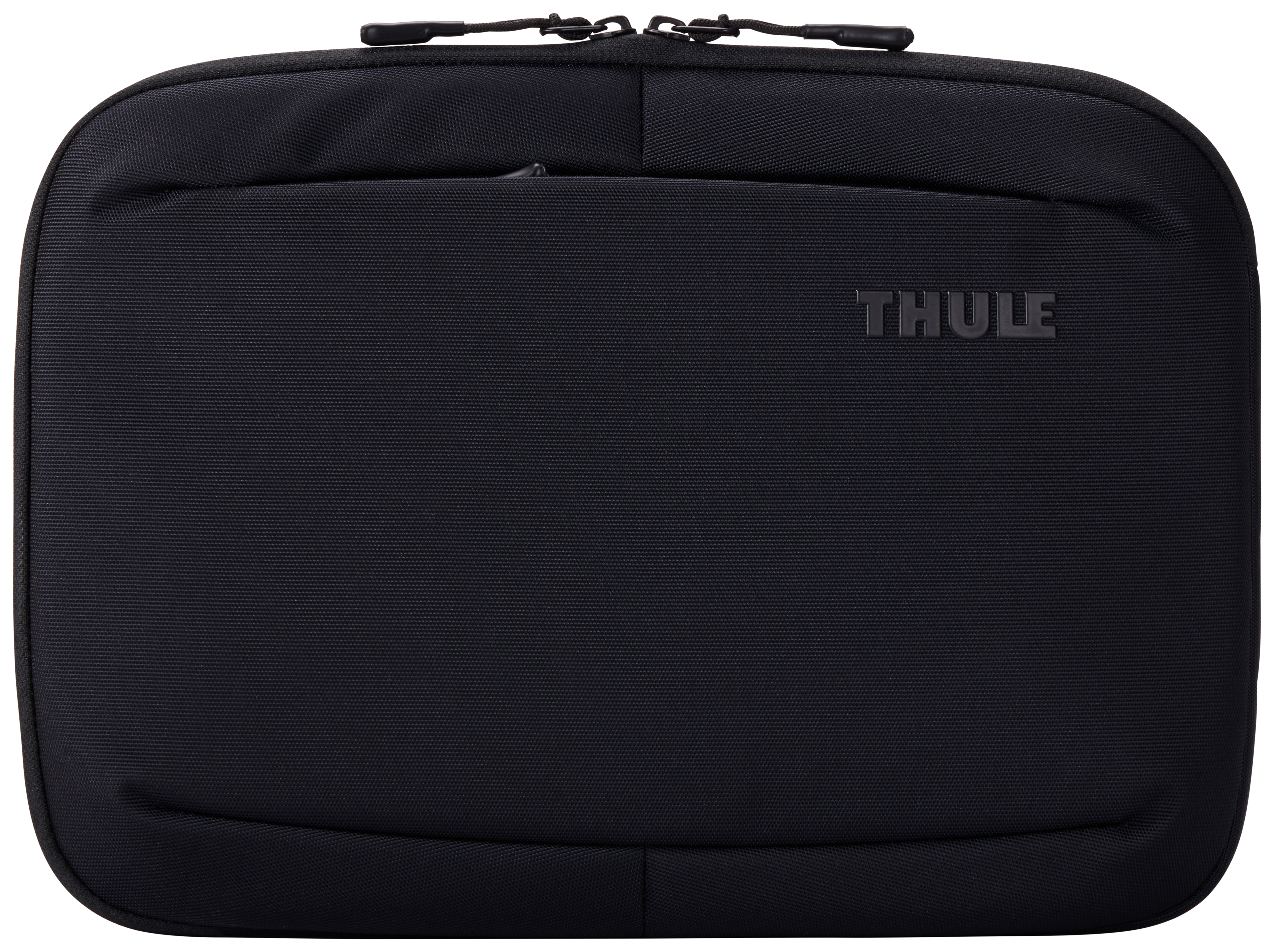 Borsa Thule nera con un design semplice e il nome del marchio in rilievo sulla superficie anteriore.