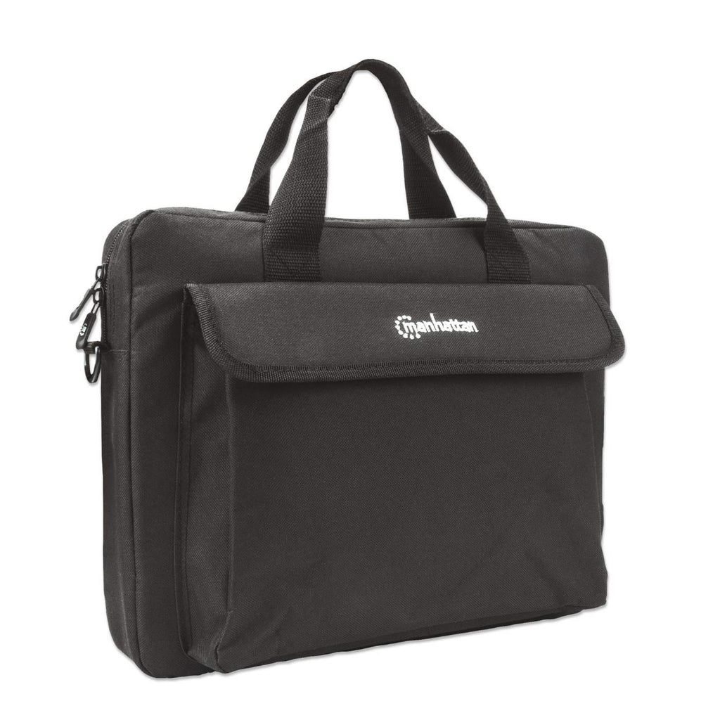 Borsa nera per laptop con manico e tasca frontale. Sfondo bianco.
