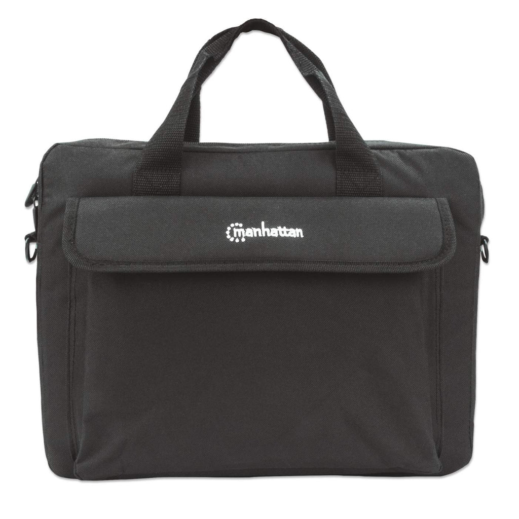 Borsa per laptop nera con logo 'manhattan' bianco, tracolle e tasca frontale.