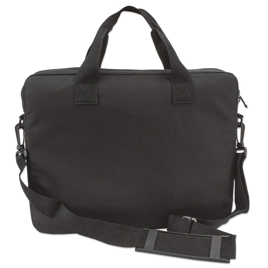 Borsa nera per laptop con manico e tracolla. Ha una forma rettangolare e una cerniera.