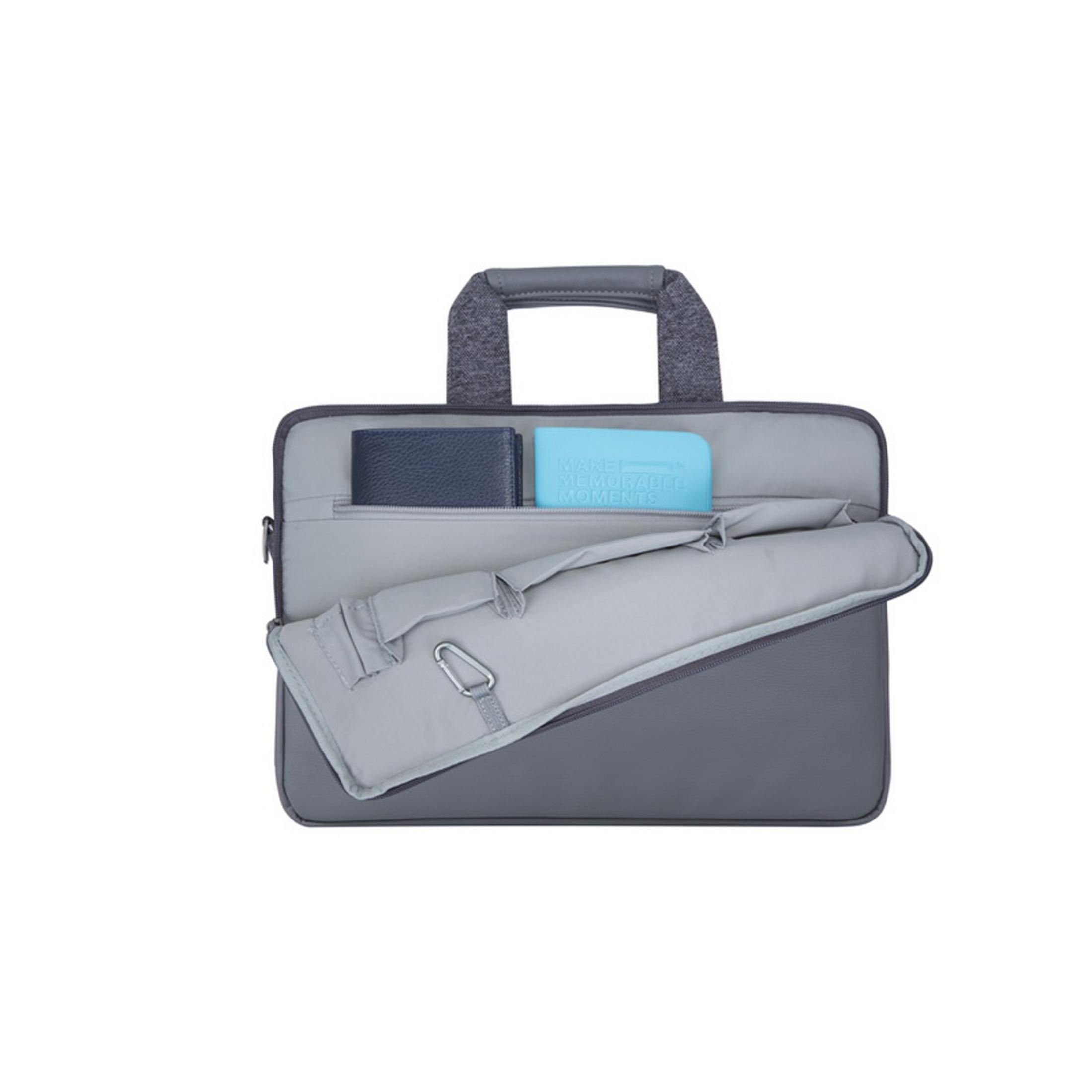 Borsa grigia per laptop aperta che rivela un portafoglio, un blocco note blu e altri oggetti.
