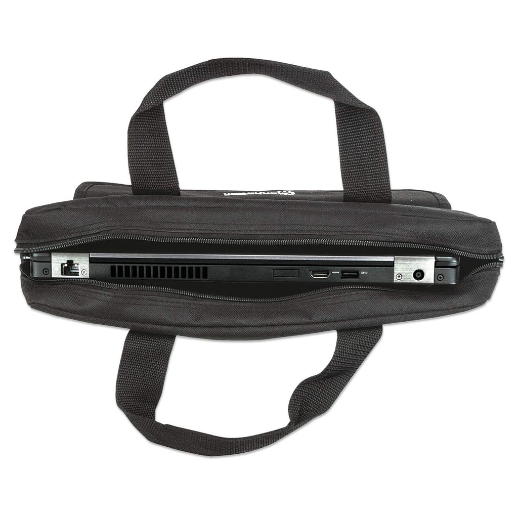 Laptop nero in custodia nera, vista dall'alto, aperto.