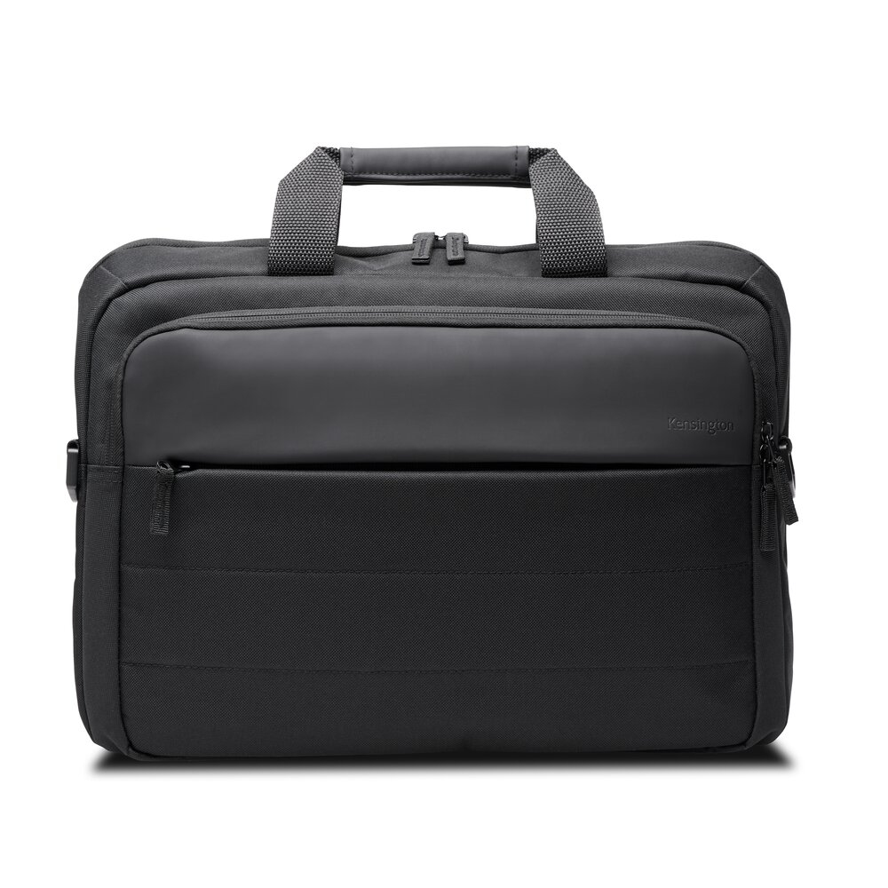 Valigetta nera per laptop con manico e tracolla. Marchio Kensington visibile.