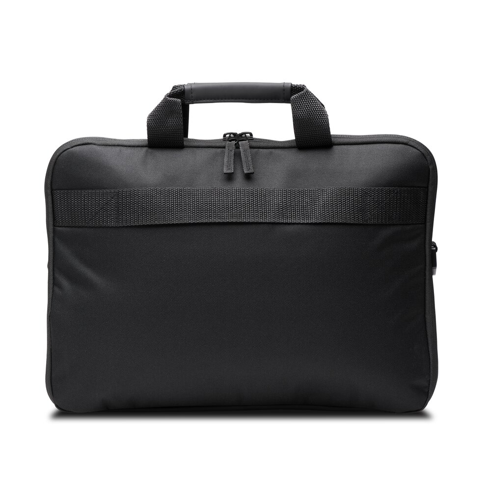 Borsa per laptop nera con manico e cinturino al centro.