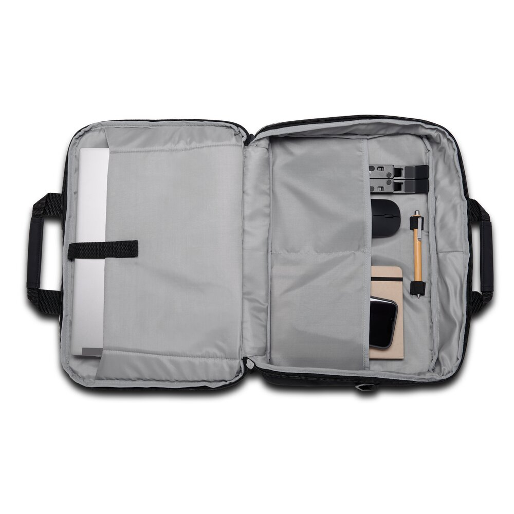 Borsa nera per laptop aperta con oggetti all'interno. Contiene laptop, mouse, penna e accessori.