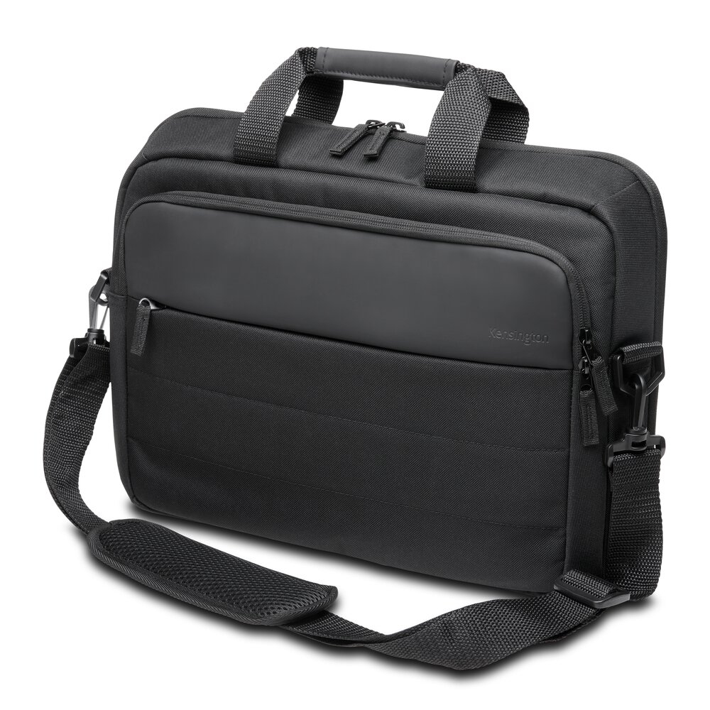 Borsa per laptop nera con tasca frontale nera, tracolla e logo 'Kensington' sul davanti.